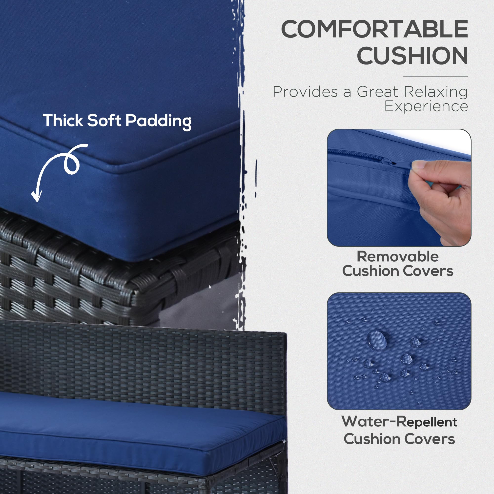 Outsunny 3-Piece Patio Furniture Set - L-Shaped Rattan Outdoor Sofa with Chaise Lounge, Loveseat & Tempered Glass Table - Waterproof Cushions, Durable Wicker - Perfect for Backyard, Poolside & Garden Relaxation (Blue)