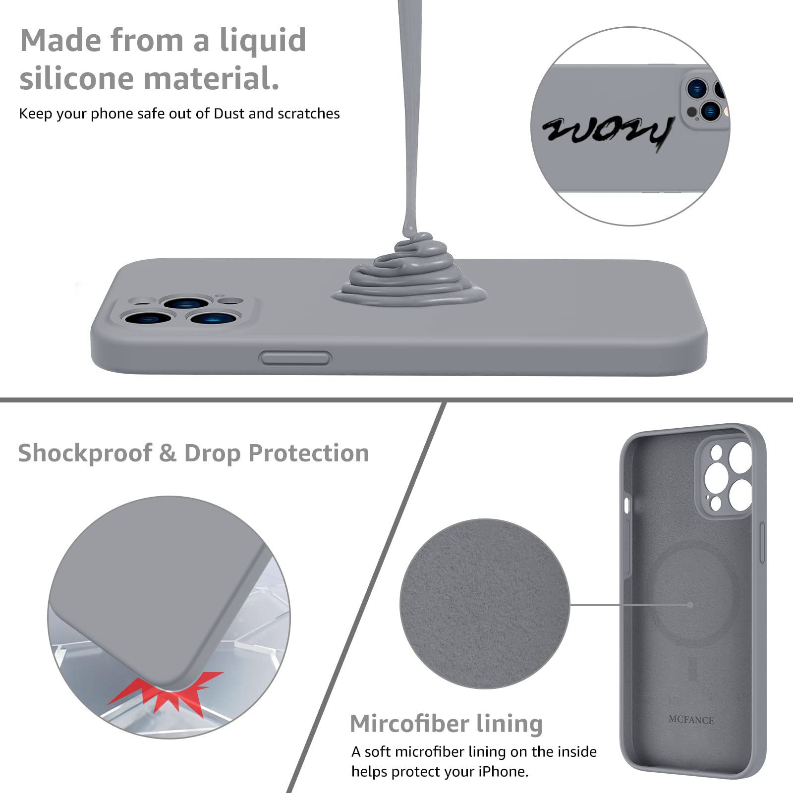 MCFANCE Magnetic Silicone Case for iPhone 12 Pro Max (6.7 inch 2020) - MagSafe Compatible, Full Camera Protection, Anti-Scratch Microfiber Lining - Gray | Perfect for Daily Use, Travel & Wireless Charging