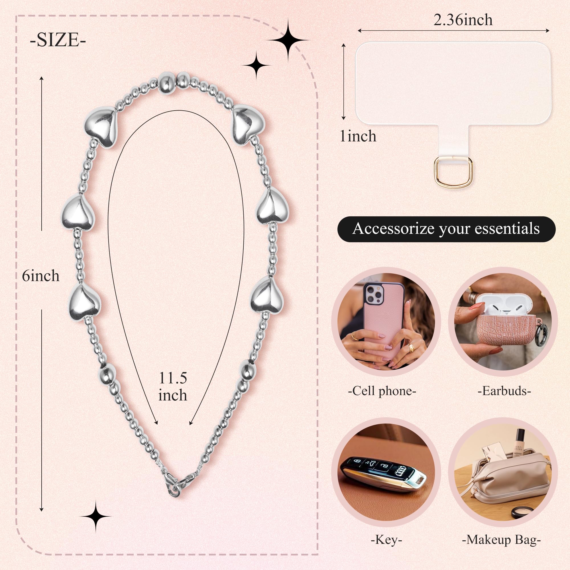 GVIEWIN Beaded Phone Lanyard with Detachable Wrist Strap - Anti-Drop Hands-Free Phone Charm for iPhone & Smartphones (Silver Love Design) - Perfect for Work, Travel, and Everyday Use