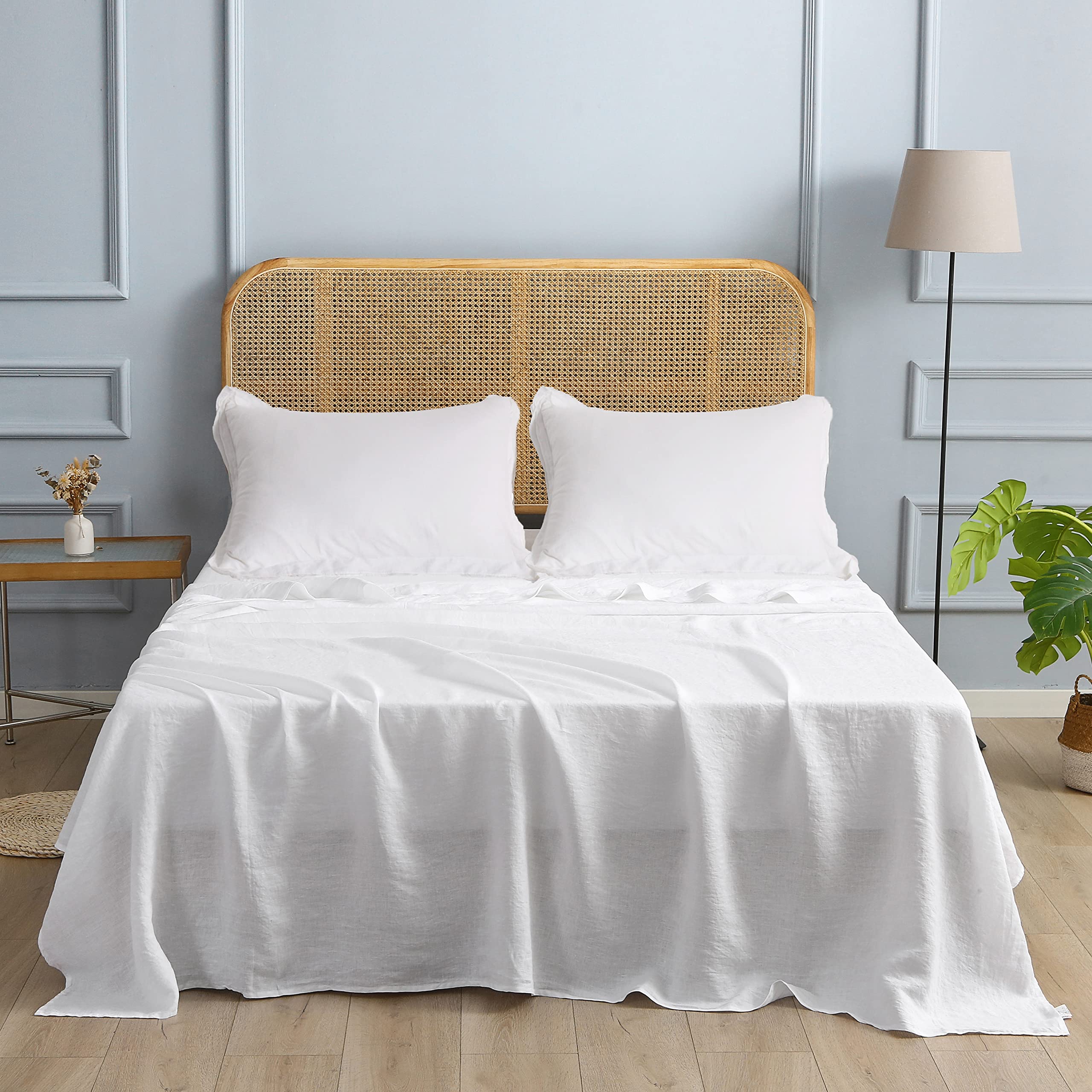 Premium 100% Organic French Linen Sheet Set - Stone Washed Ultra Soft Flax Bedding (Full 4pc, White) | Eco-Friendly Luxury Bed Sheets for Master Bedroom & Guest Room