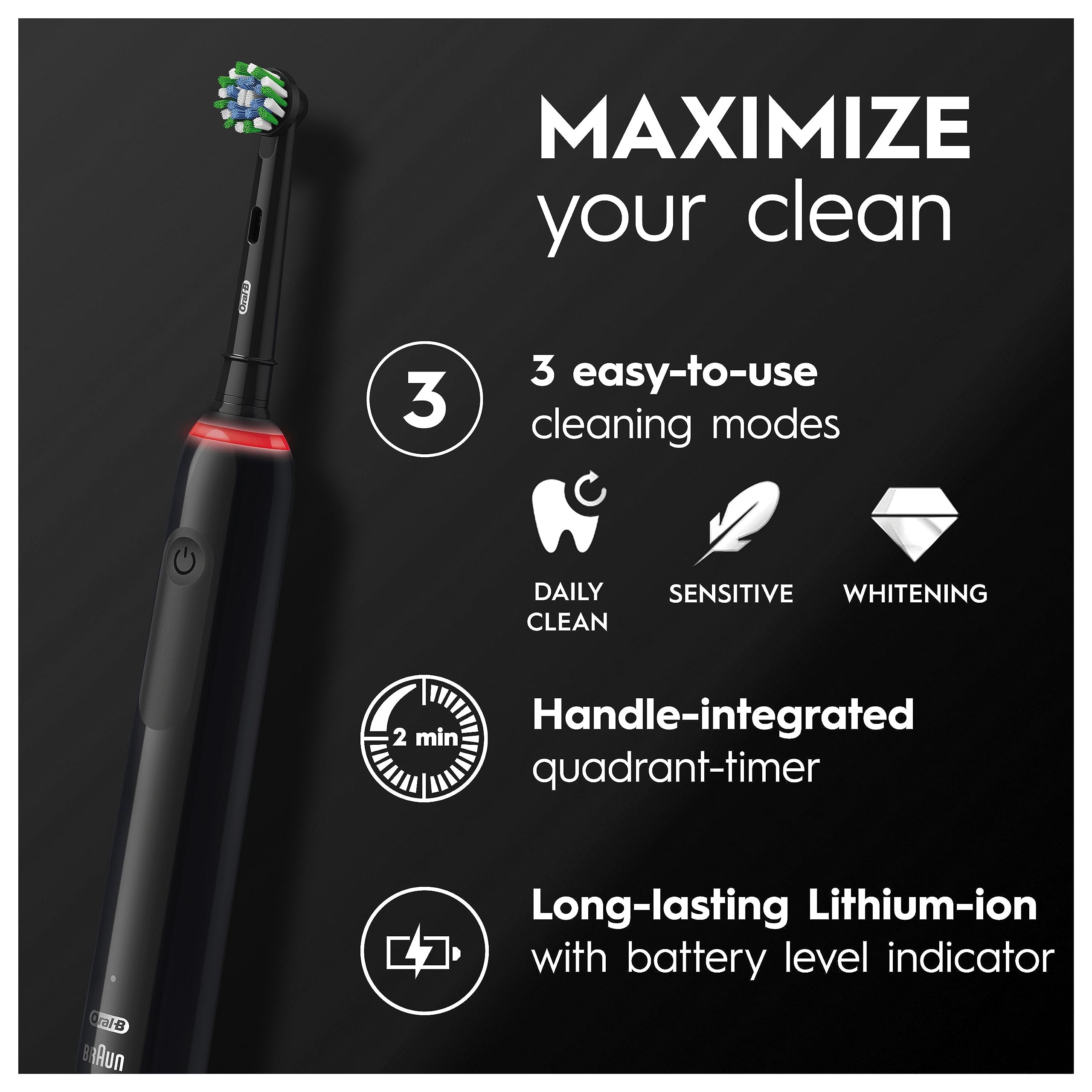 Oral-B Pro 3 Electric Toothbrush for Adults - 3 Cleaning Modes with Whitening, Includes 1 Replacement Brush Head & Travel Case (UK Plug, Black) - Perfect for Home Use, Travel & Daily Oral Care