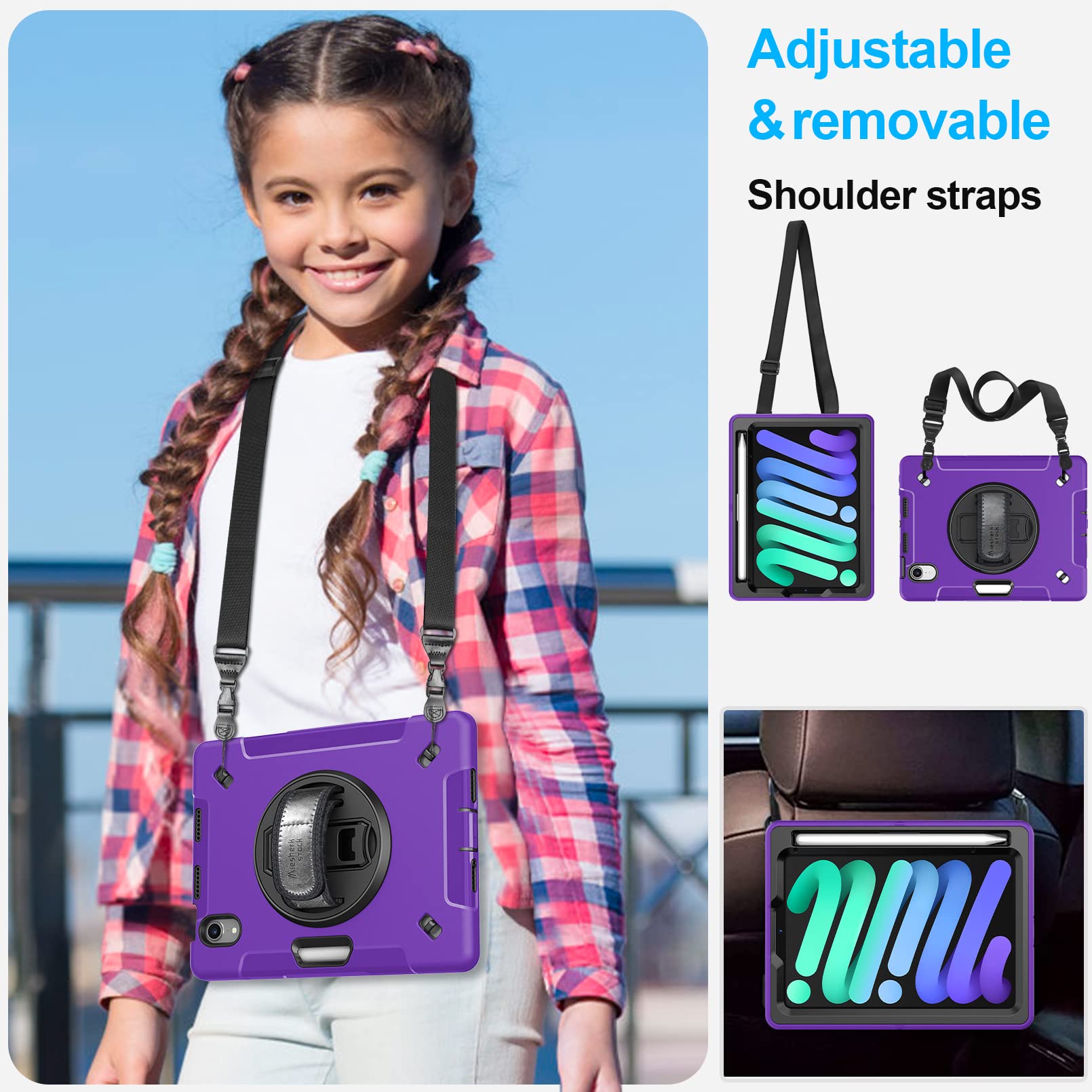 Military Grade Shockproof iPad Mini 7 Case (2024 Model A17 Pro) - 8.3 Inch Protective Cover with Screen Protector for iPad Mini 7th/6th Gen - Built-in Stand, Handle, Shoulder Strap & Apple Pencil Holder - Perfect for Travel, Work & Outdoor Activities - Purple