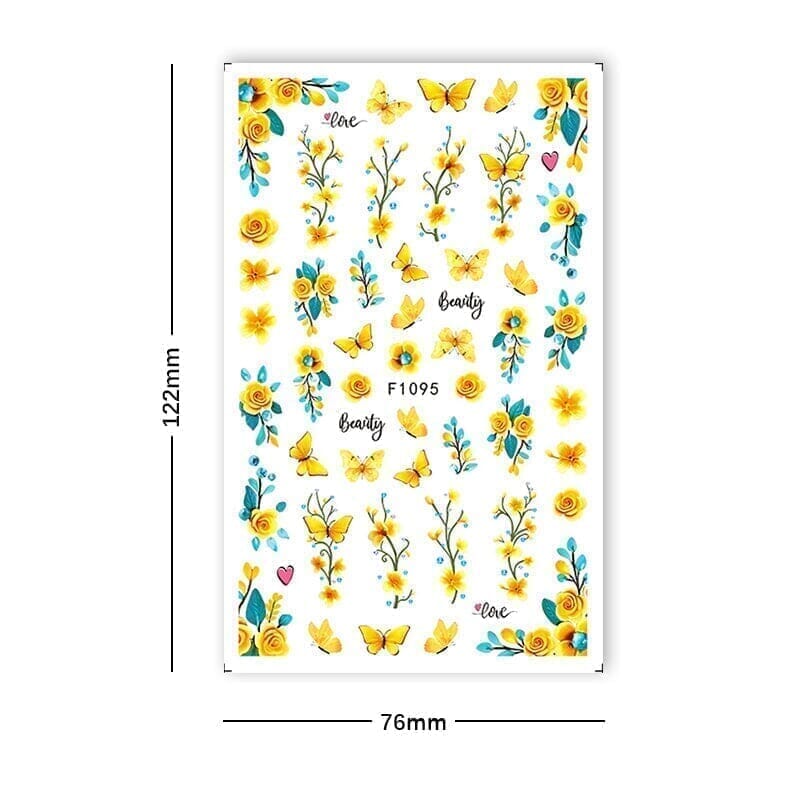 3D Yellow Butterfly Flower Nail Stickers F1095 - Elegant Nail Art Decals for Manicure, Perfect for Parties, Weddings & Special Occasions