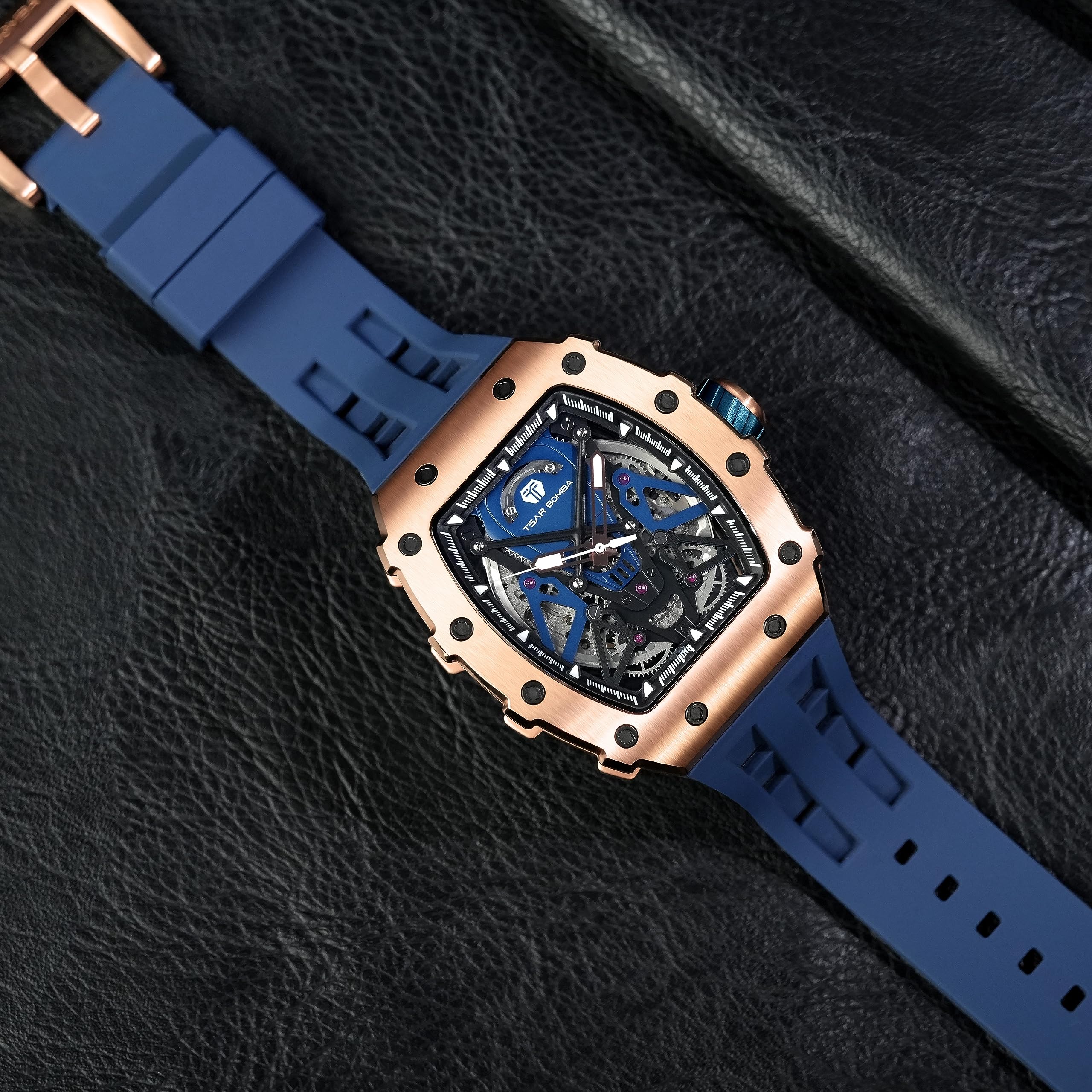 TSAR BOMBA Luxury Men's Watch - 50M Waterproof Tonneau Chronograph with Silicone Band & Mechanical Movement - Perfect for Business, Casual Wear & Gifts for Him