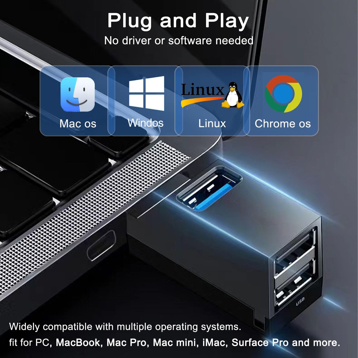 VIENON 3-Port USB 3.0 Hub - High Speed Portable USB Splitter for Laptop, MacBook, iMac, PC - Perfect for Home Office, Travel & Car Charging Station