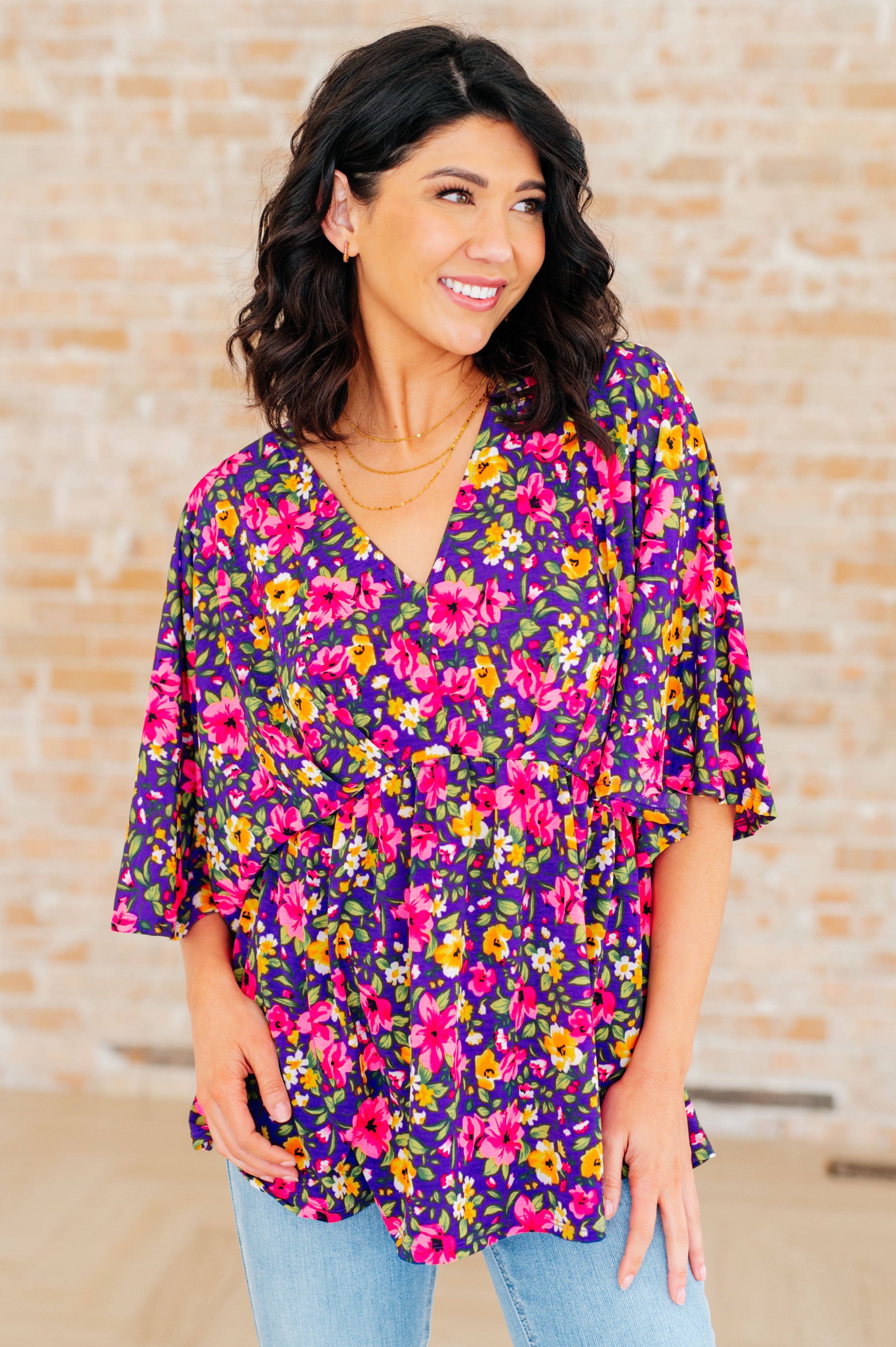 Dreamer Peplum Top - Floral Print Women's Blouse in Purple & Pink | Casual Wear, Office Outfit, Party Dress