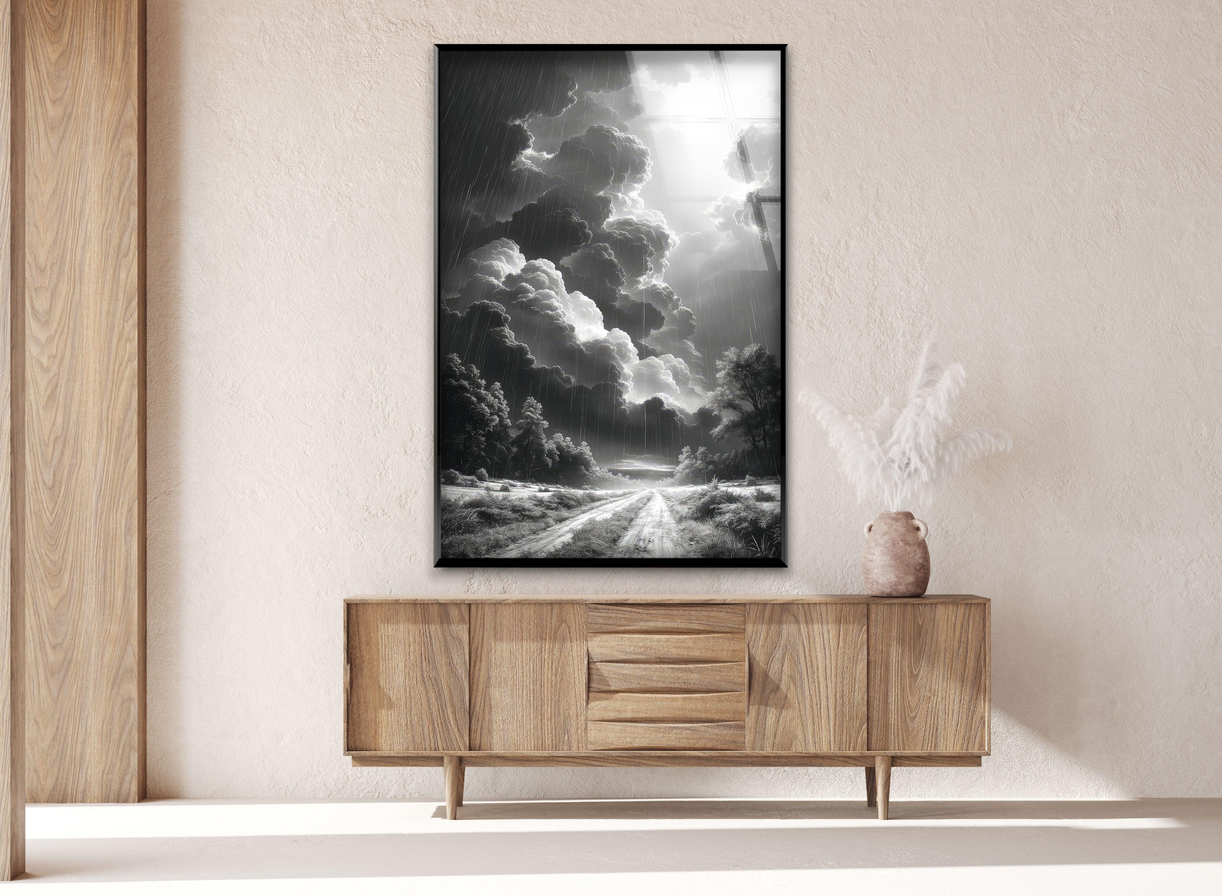Black and White Storm Glass Wall Art - Dramatic Rainy Landscape Painting for Home & Office Decor - Perfect for Living Room, Bedroom, or Office Wall Decor