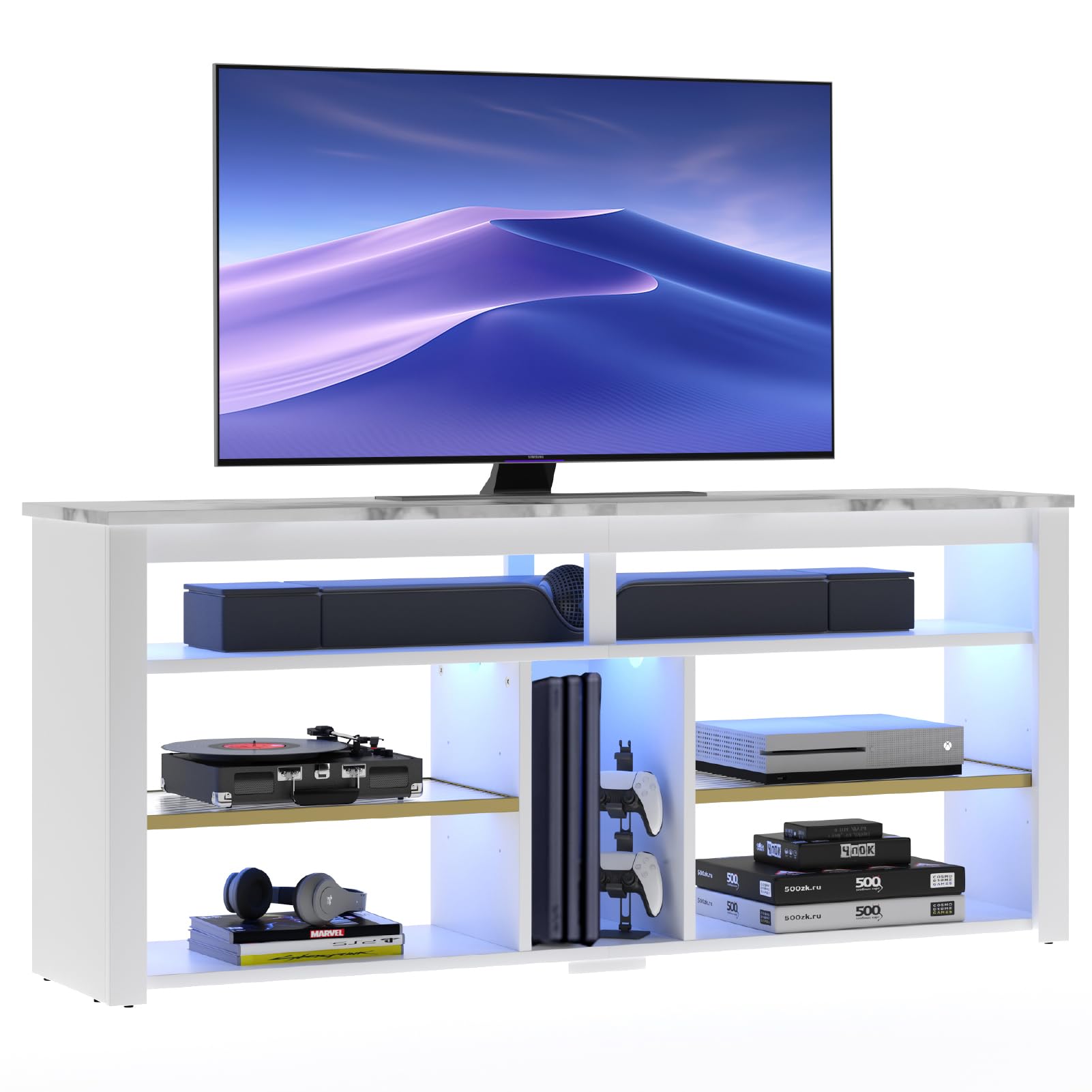 Bestier 55 inch LED TV Stand with Storage - Entertainment Center for PS4, Xbox, 60/65 inch TVs - Adjustable Shelf Media Console - White Marble TV Cabinet for Living Room, Bedroom & Game Room