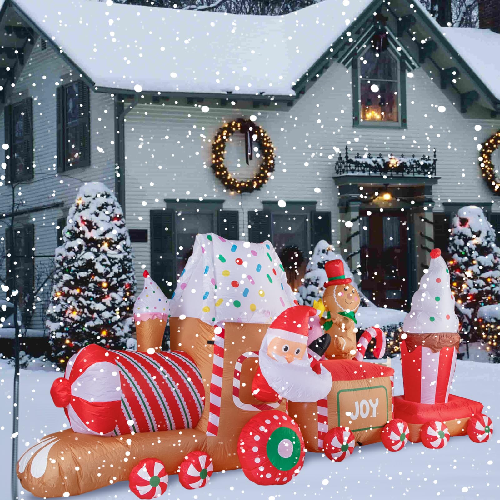 11Ft Inflatable Christmas Train with Santa & Gingerbread Man - LED Lighted Outdoor Holiday Decor for Lawn, Garden & Yard - Perfect for Christmas Parties, Neighborhood Displays & Festive Home Decorations