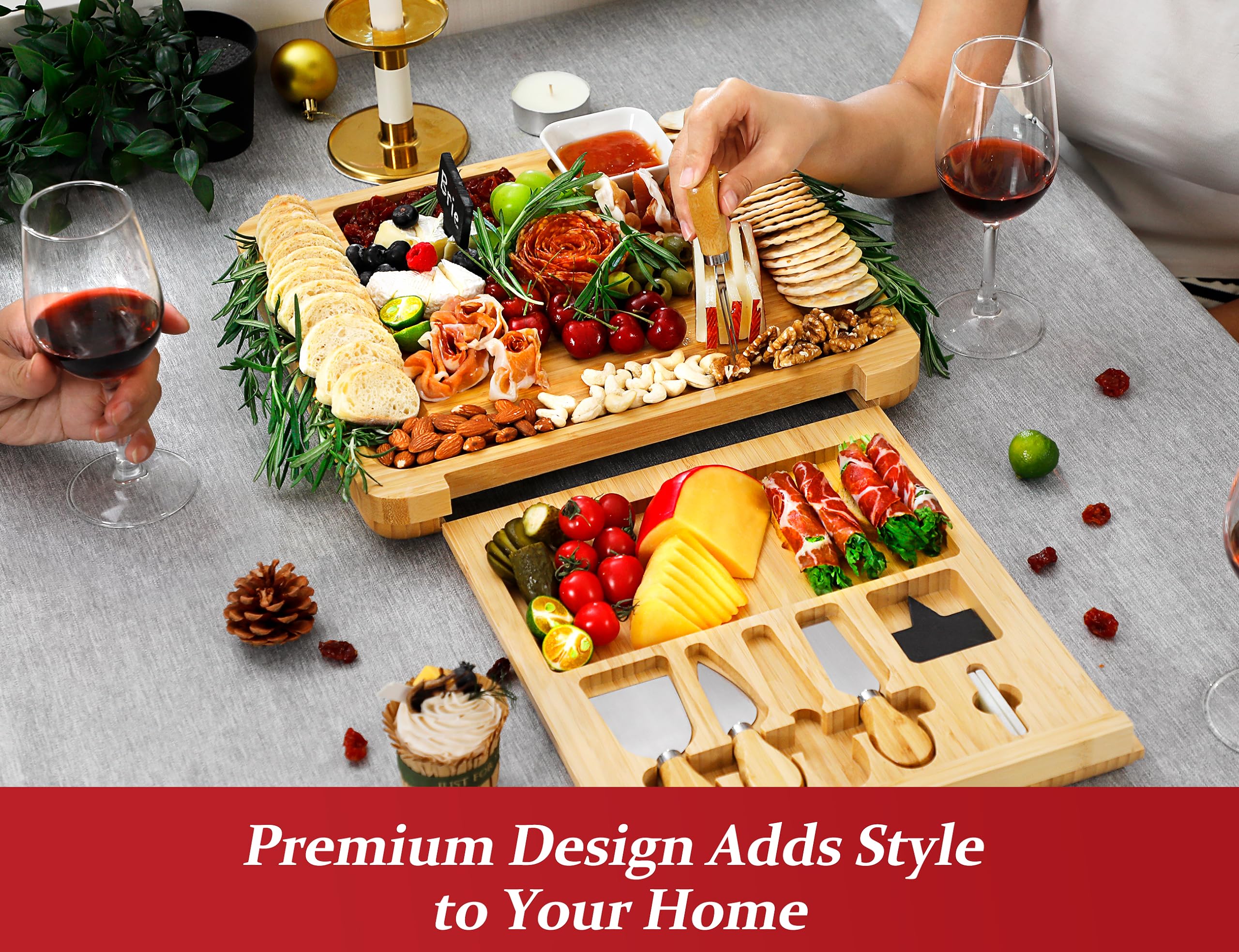 Premium Bamboo Cheese Board Set - Large Charcuterie Platter with 4 Stainless Steel Serving Knives | Perfect for Wine Parties, Housewarming Gifts, Weddings & Birthday Presents for Women & Men | Elegant Entertaining & Gourmet Cheese Tasting