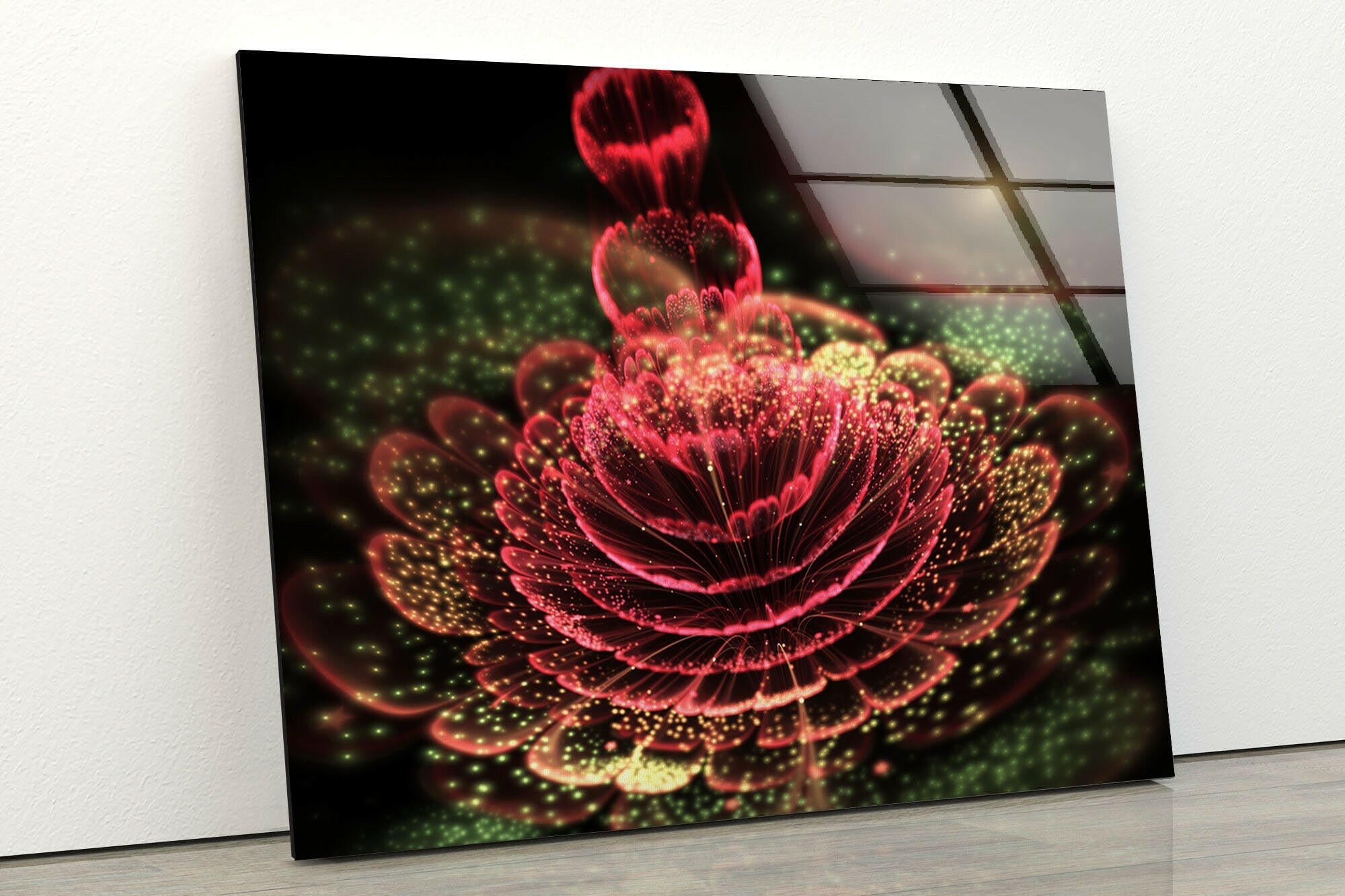 Abstract Red Flower Glass Wall Art - Modern Home Decor for Living Room, Bedroom & Office - Elegant Handmade Glass Painting for Unique Interior Design