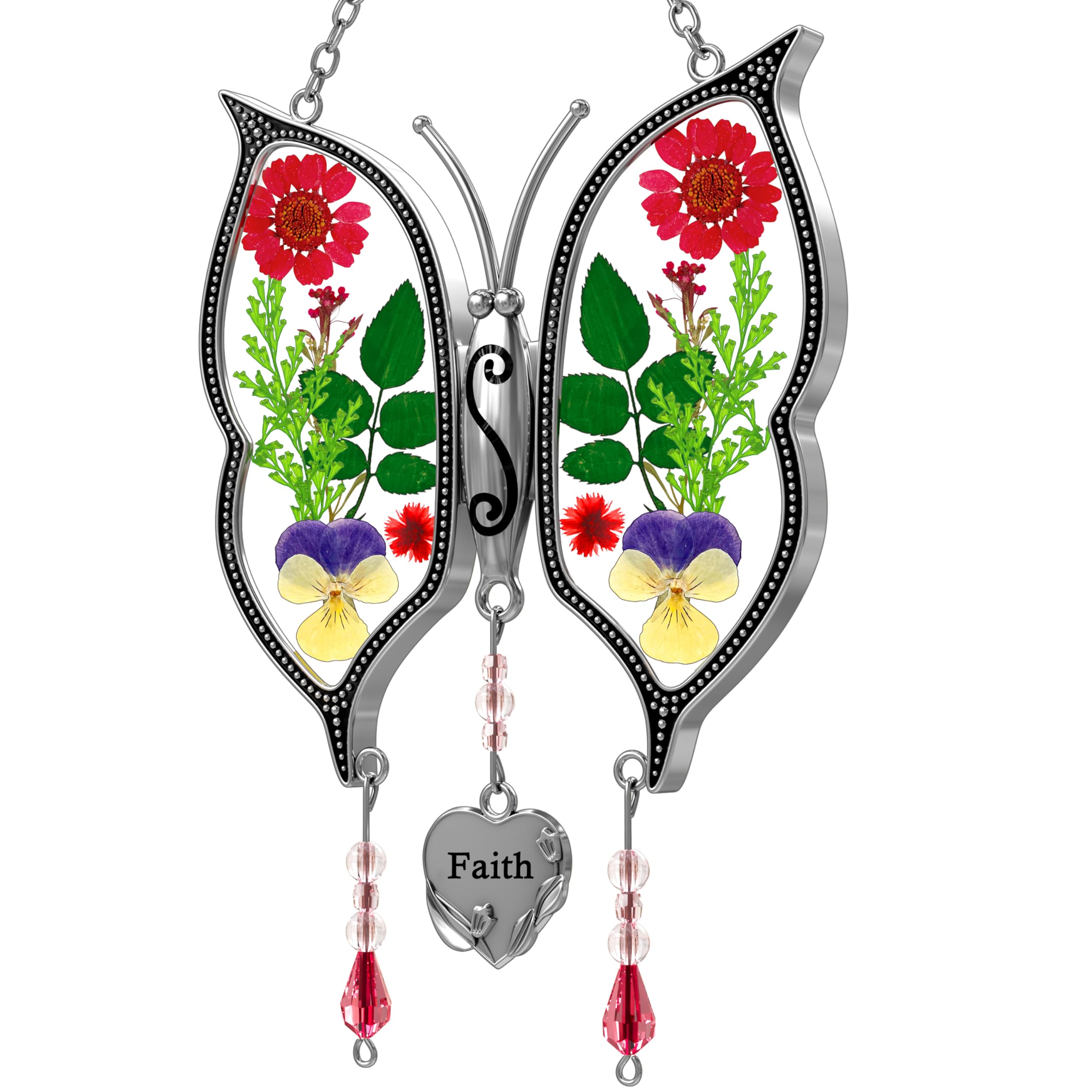 Butterfly Ornaments for Windows - Pressed Flower Glass Suncatcher with Heart Charm | Faith Gift for Mom, Grandma, Aunt | Christmas Decor, Birthday & Mother's Day Present | Perfect for Home, Office, Garden Decorations