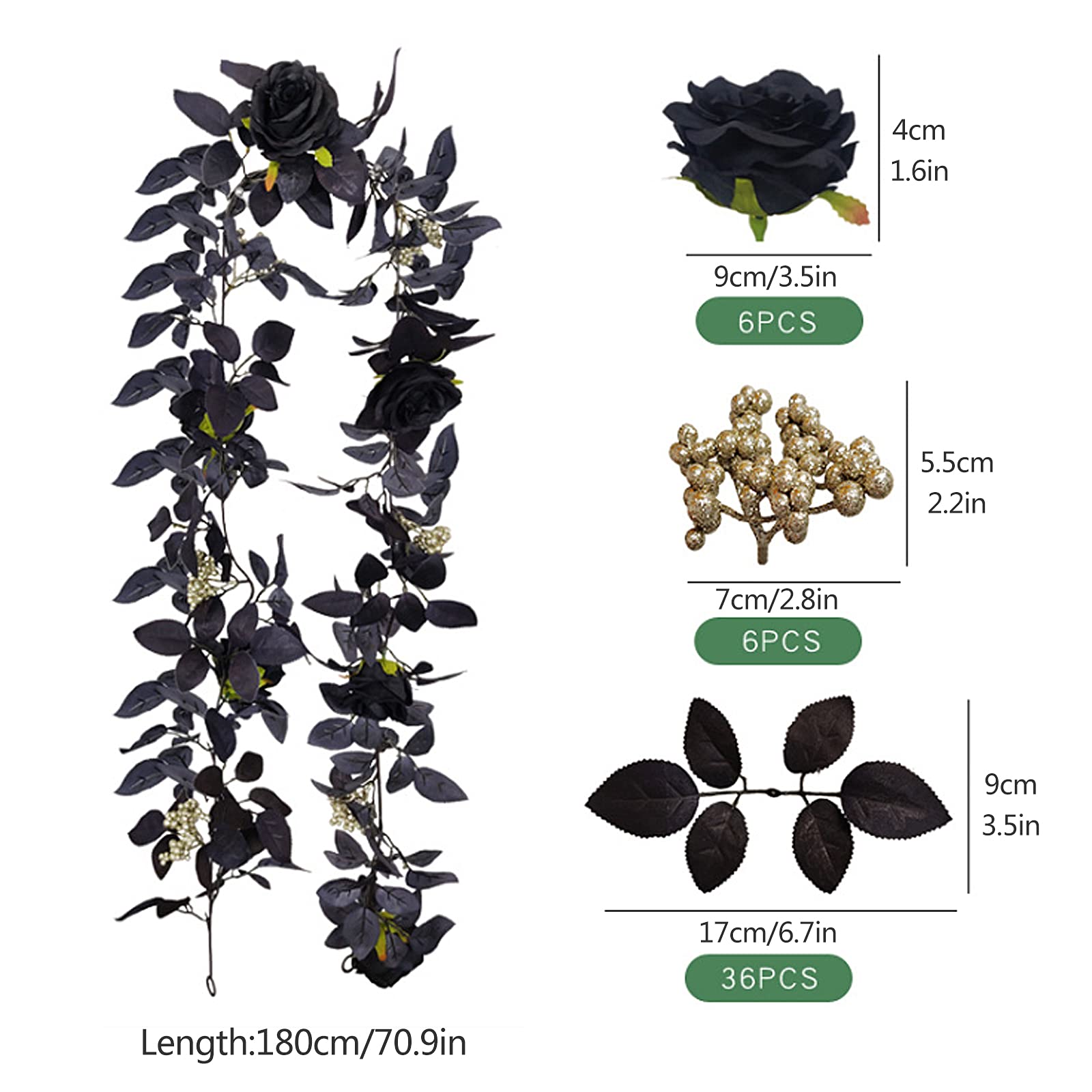 180cm Artificial Black Rose Vine with Berries - Halloween Hanging Flower Garland for Table Centerpiece, Fireplace Decor, Door Frame Backdrop - Perfect for Gothic Weddings, Spooky Party Decorations & Home Halloween Displays