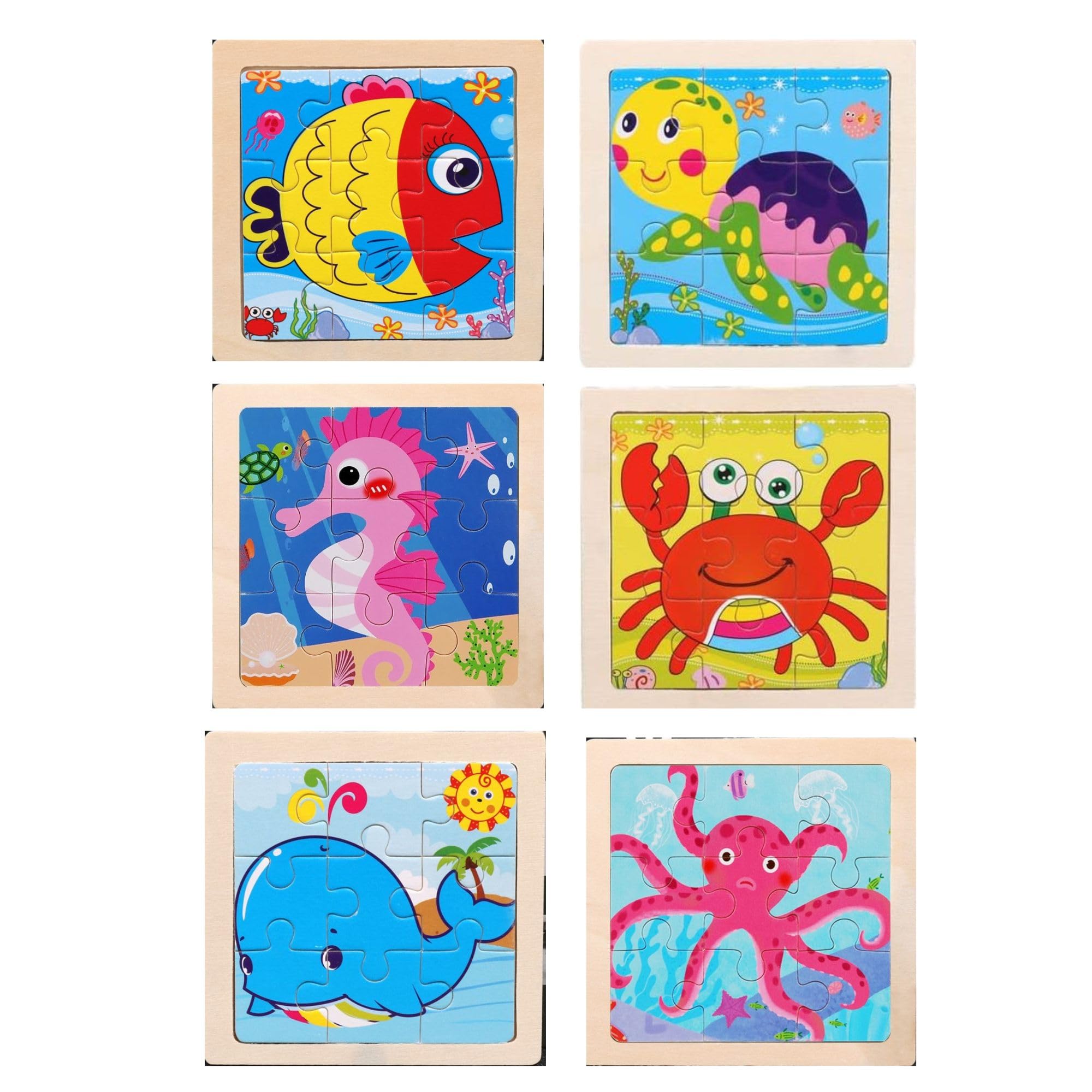 9-Piece Wooden Jigsaw Puzzle Set - Wildlife Animal Learning Toys for Toddlers & Preschool Kids (Pack of 6, SEA Animals) - Educational Montessori Toys for Early Childhood Development & Classroom Activities