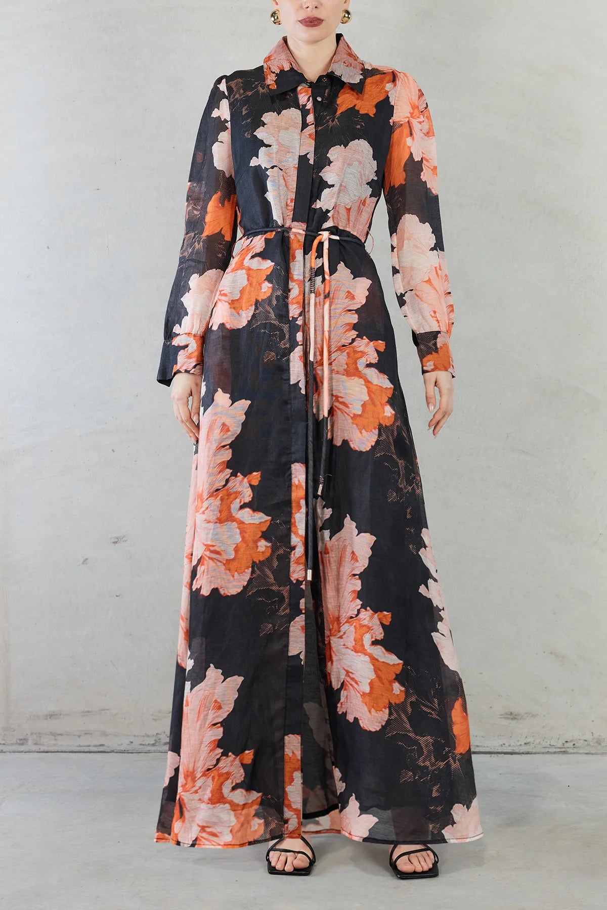 Isabella Black Floral Print Silk Linen Long Sleeve Maxi Dress - Elegant Boho Style for Women's Summer Beach Vacation & Evening Party Wear