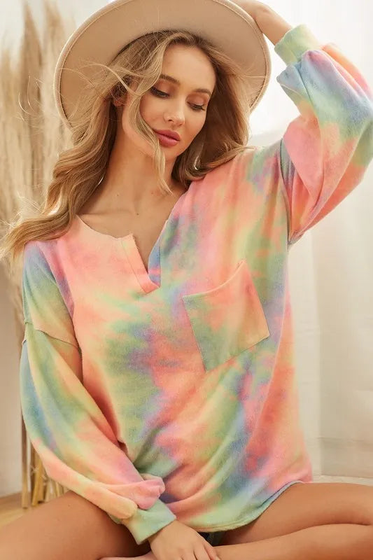 BiBi Brushed Tie Dye French Terry Top with Bubble Sleeves | Women's Casual Loose Fit T-Shirt | Perfect for Yoga, Lounge & Streetwear Fashion
