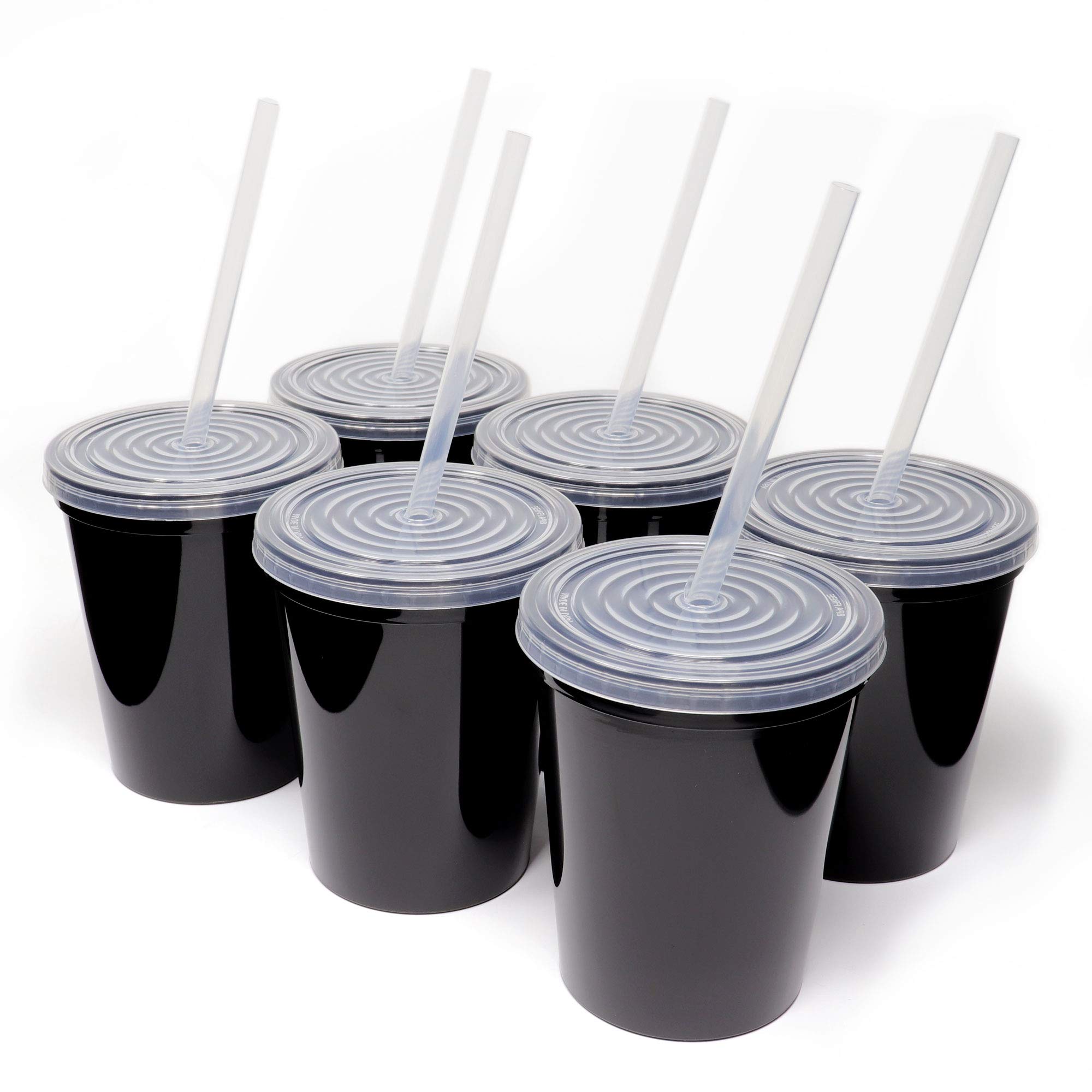 Rolling Sands 16 Oz. Reusable Plastic Stadium Cups with Lids & Straws - 6 Pack Dishwasher Safe Black Tumblers for Parties, Picnics, BBQs, and Outdoor Events - Made in USA