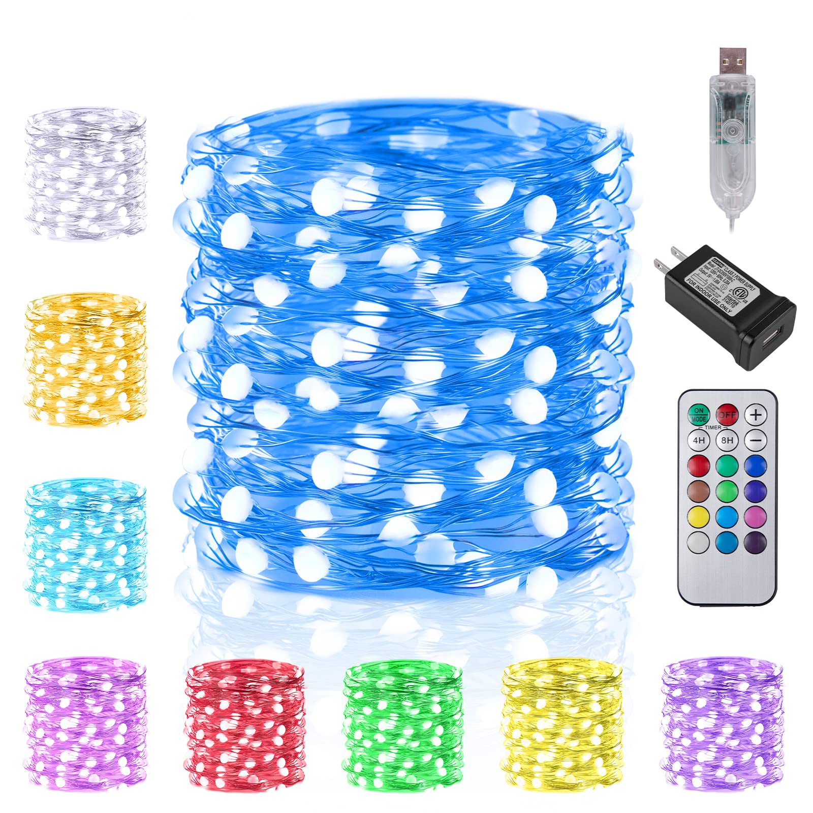 Minetom 33ft 100 LED Color Changing Fairy String Lights - USB Powered Silver Wire Starry Lights with Remote & Adapter for Bedroom, Wedding, Party Decor | Indoor Firefly Lights for Wall, Ceiling & Outdoor Patio