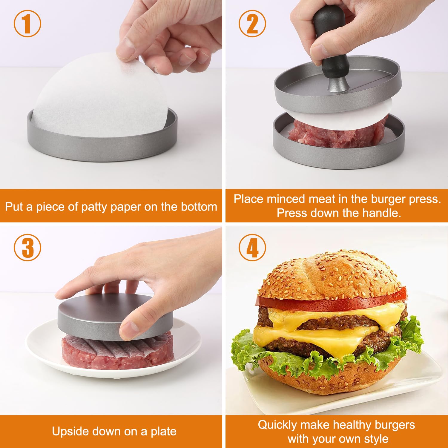 TACGEA Non-Stick Hamburger Patty Maker - Includes 150 Wax Patty Papers - Aluminum Burger Press for BBQ, Grilling & Kitchen Use - Perfect for Backyard Cookouts, Camping & Home Cooking
