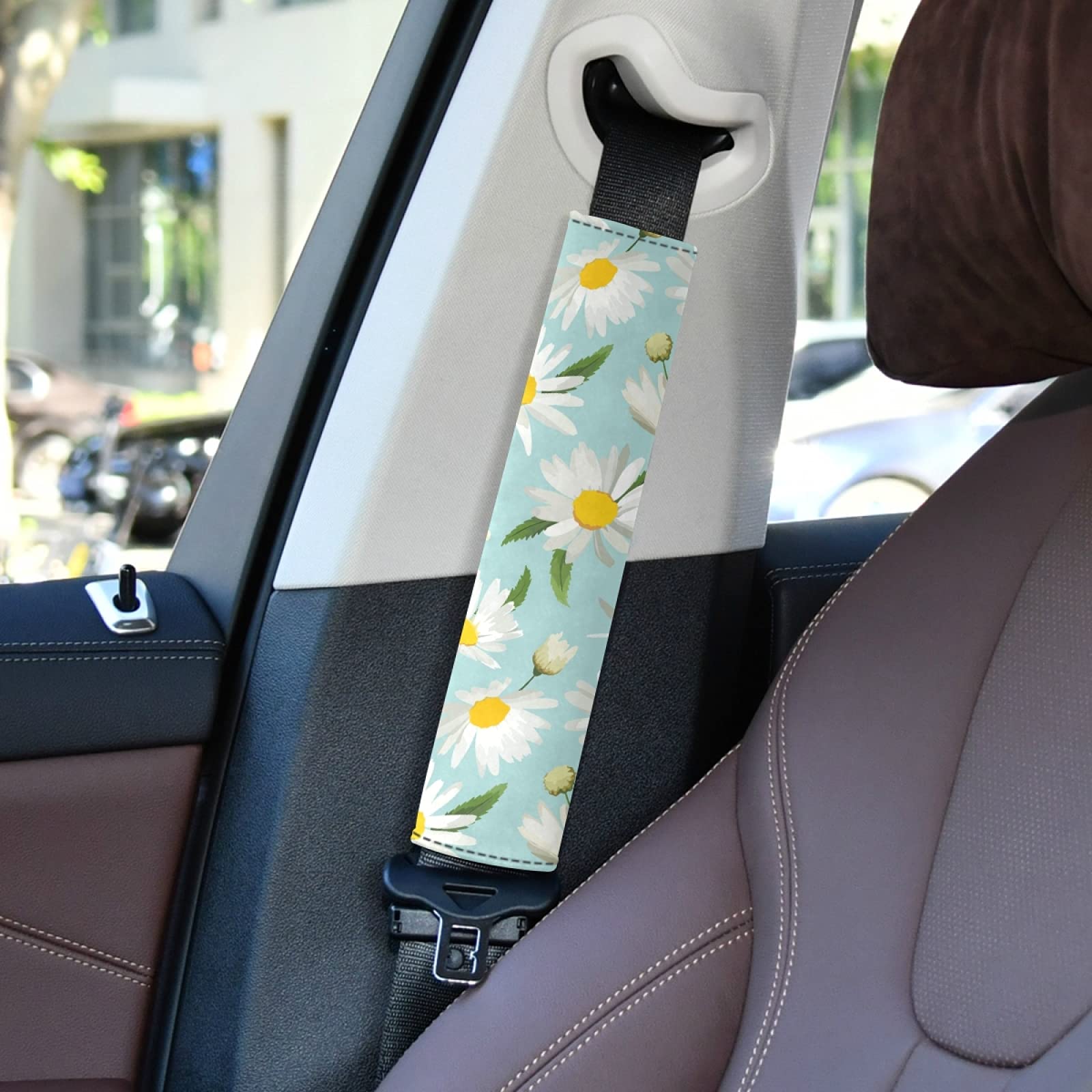 White Daisy Flowers with Green Leaves Seamless Turquoise Adjustable Car Seat Belt Pad Cover - Universal Shoulder Strap Cushion for Adults & Kids - Comfortable Driving Accessory for Long Trips & Daily Commutes