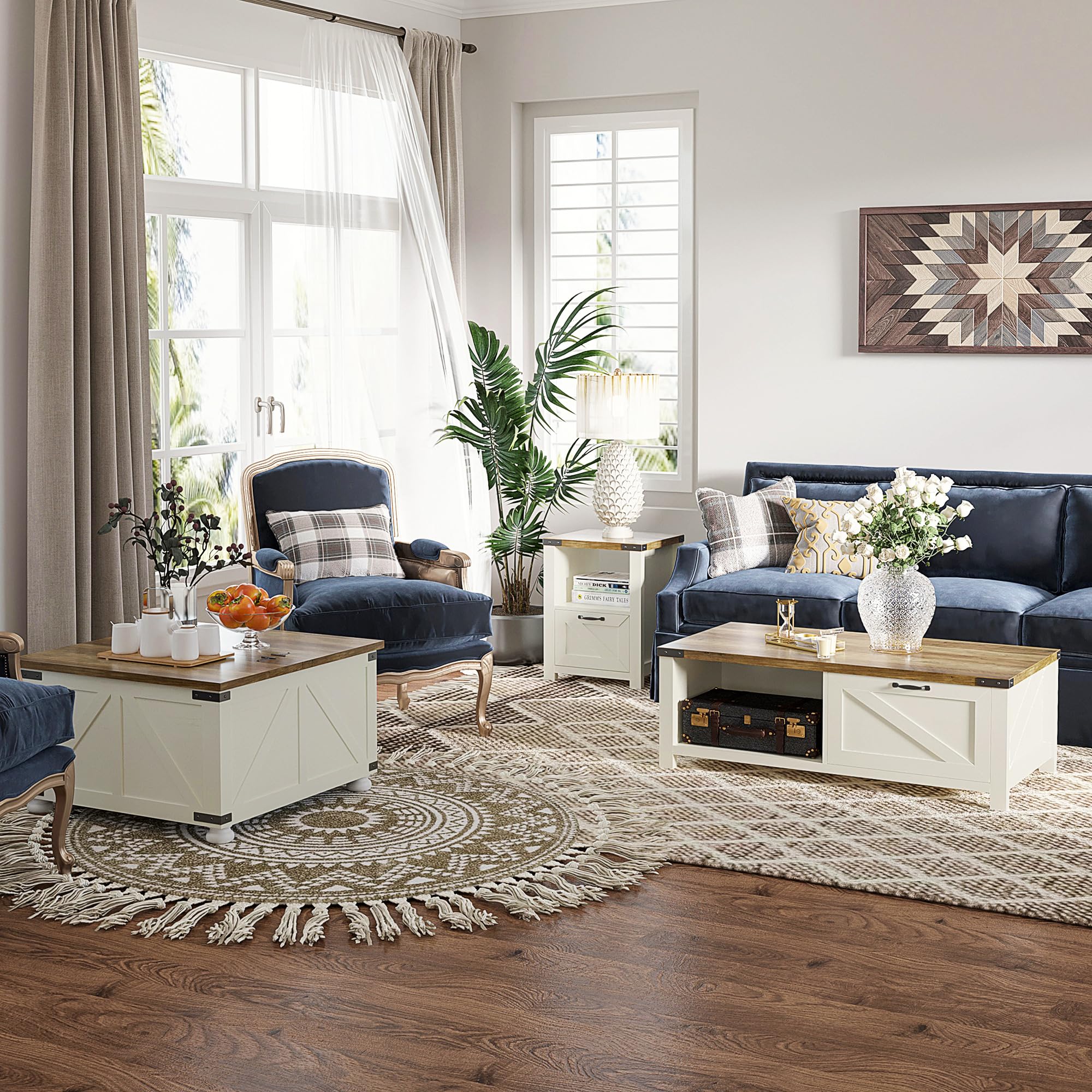 HOMCOM Rustic Farmhouse Coffee Table with Storage Drawer & Open Shelf - White Wooden Living Room Table for Home Decor | Perfect for Small Spaces, Apartments & Cozy Living Areas