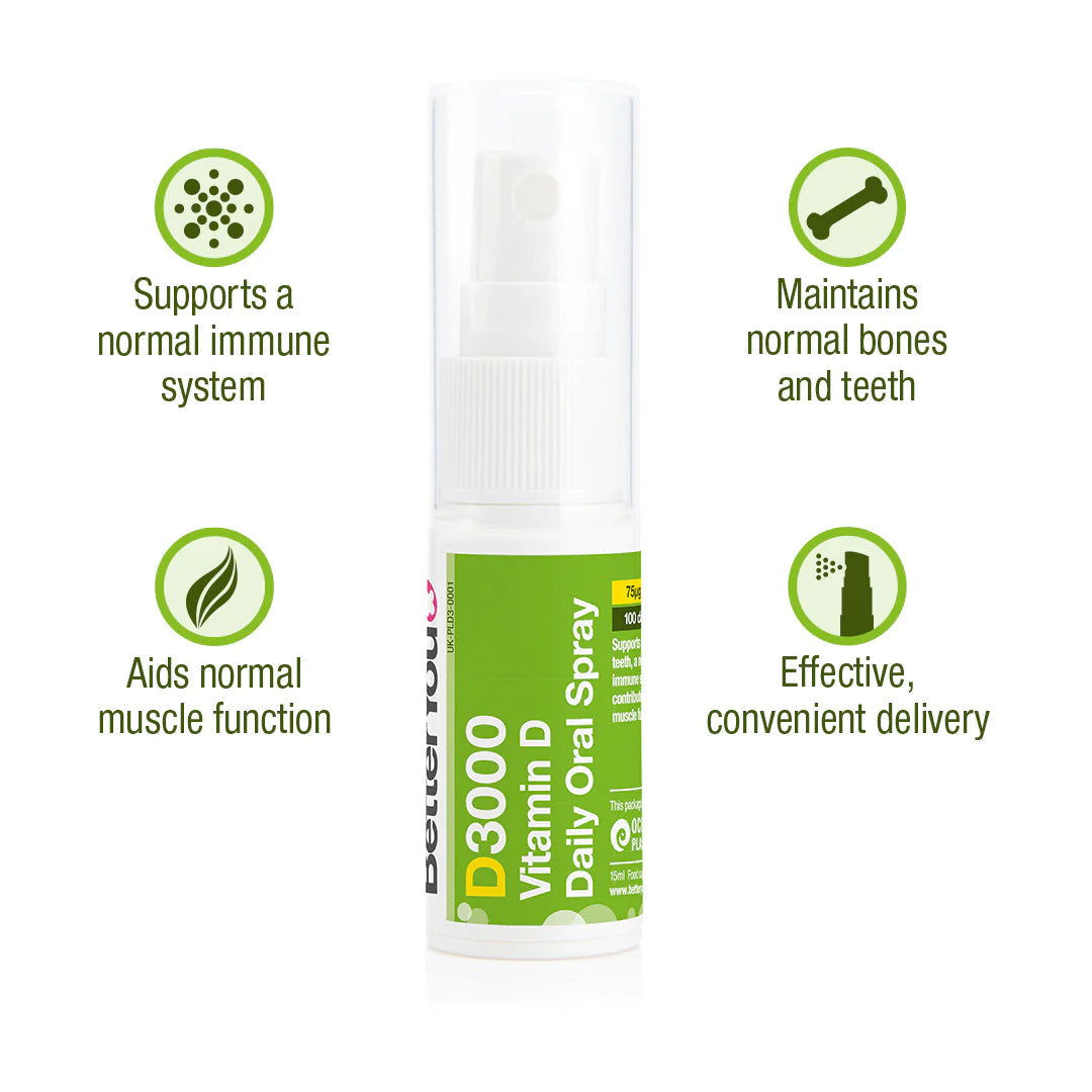 BetterYou DLux 3000iu Vitamin D3 Oral Spray - 15ml Liquid Supplement for Immune Support & Bone Health - Easy to Use Vitamin D Spray for Adults & Kids - Perfect for Home, Office & Travel