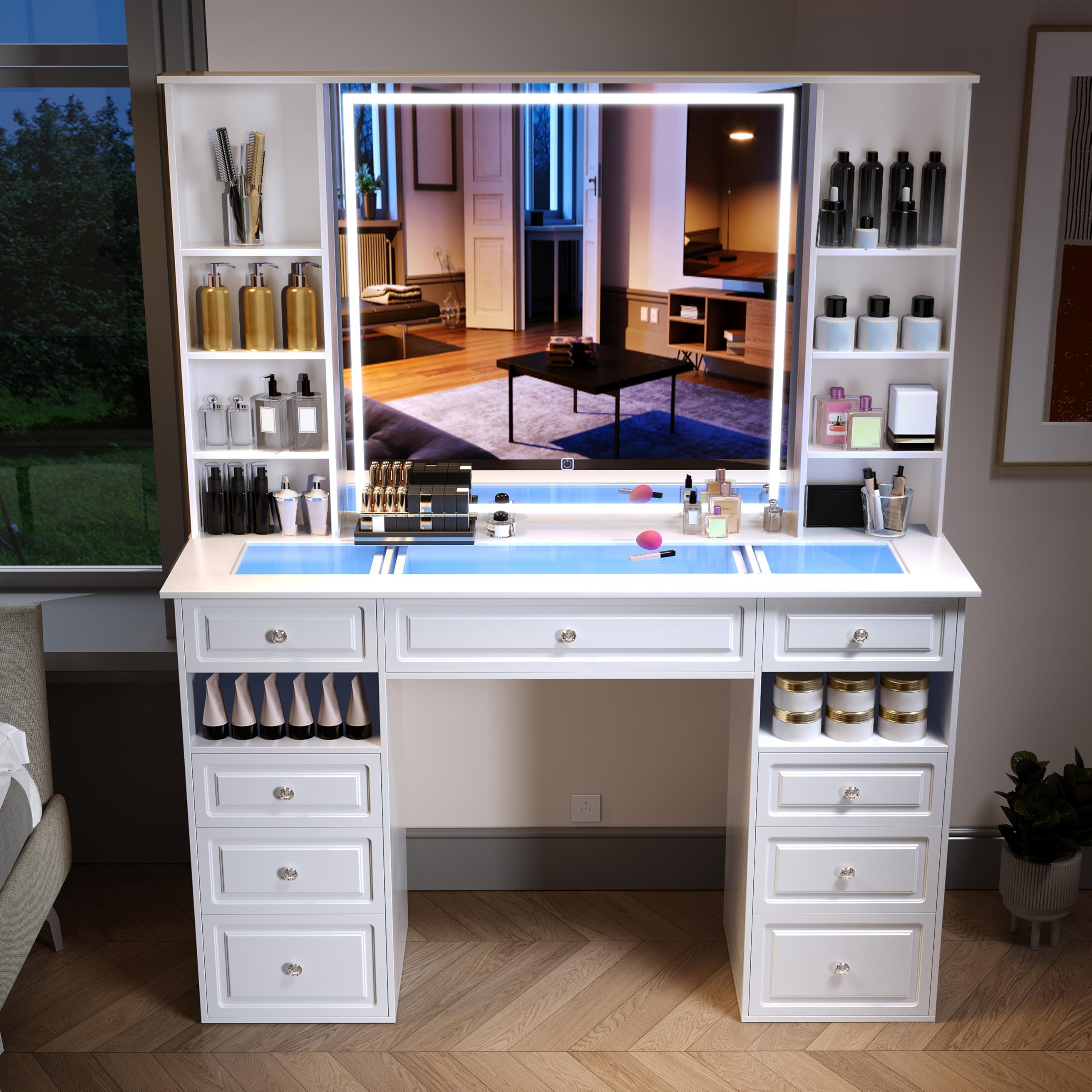 **Vanity Desk with Mirror and Lights - Glass Top Dressing Table with 9 Drawers, European Style Makeup Vanity, Crystal Ball Knobs, White & Glass Top - Perfect for Bedroom, Dressing Room, and Makeup Studio**