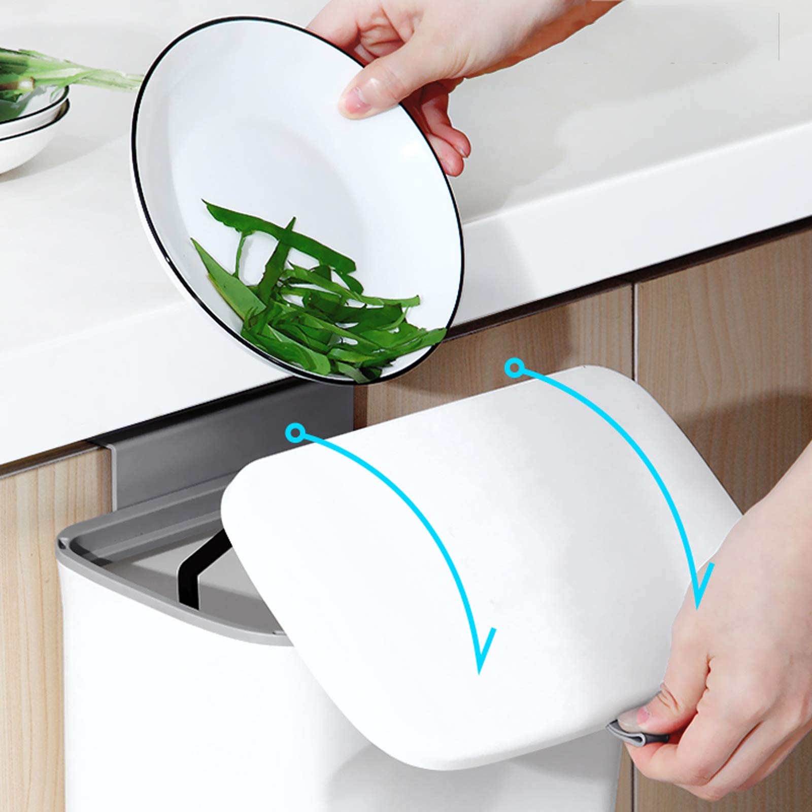 Wall Mounted Compact Trash Can with Lid - 9L Small Garbage Bin for Kitchen Cabinet, Drawer, Bedroom & Dorm - Space-Saving Waste & Compost Bin for Countertop, Office & Bathroom Organization