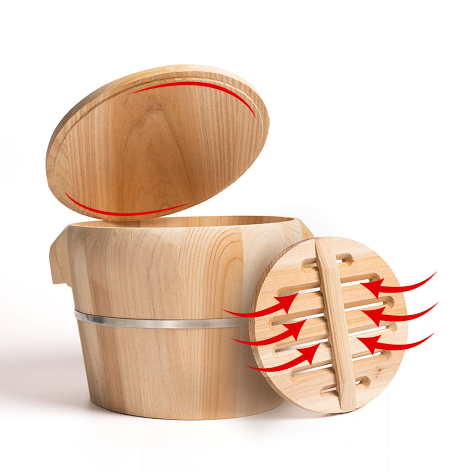 Premium Wooden Sushi Rice Mixing Tub with Lid - Handcrafted Rice Bowl Bucket for Japanese & Chinese Cuisine - Perfect for Home Kitchens, Restaurants, and Sushi Making - Includes Wooden Lid & Steam Rice Cooker Accessories