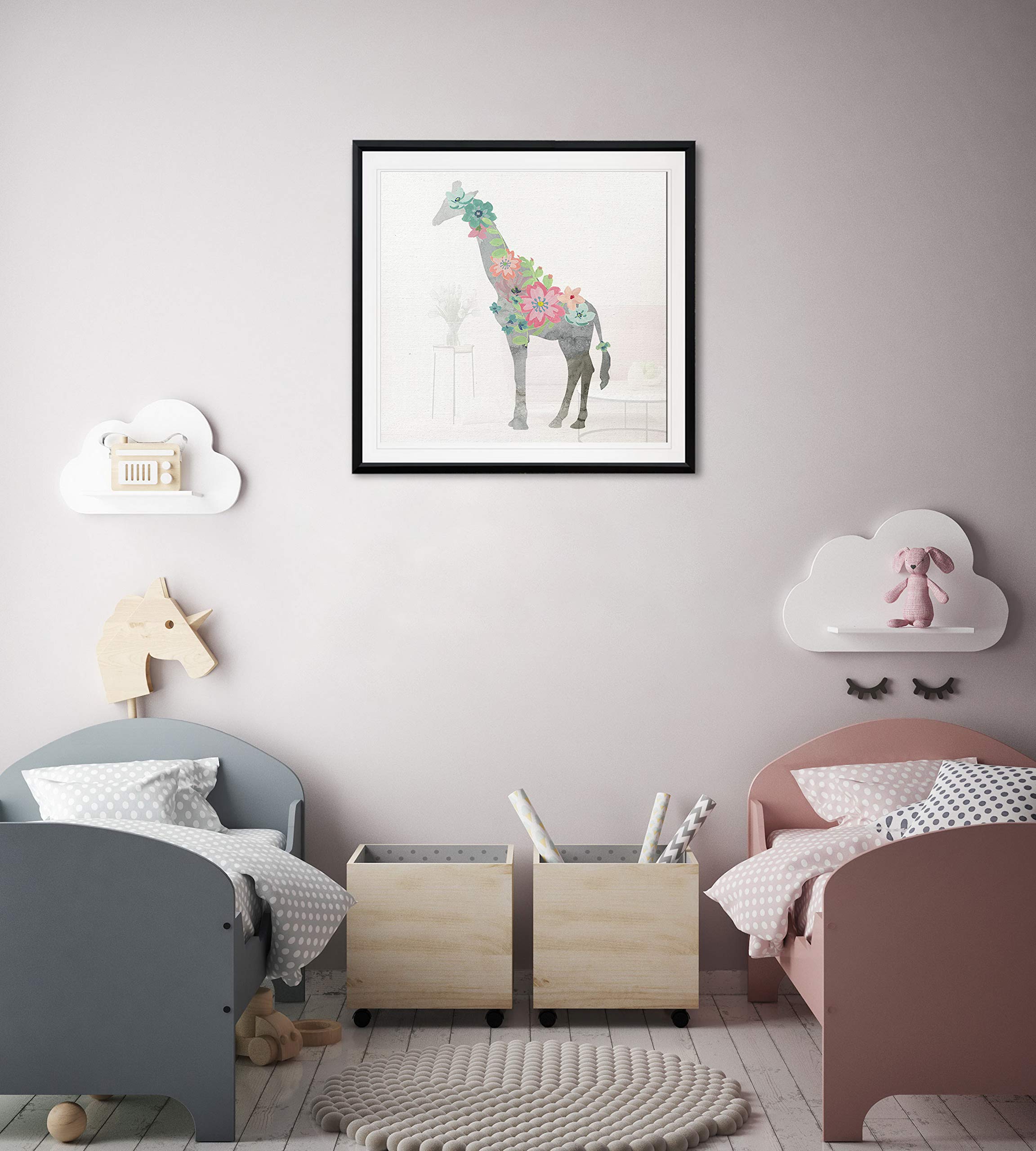 Renditions Gallery Girls Love Flowers Giraffe Painting - Contemporary Framed Giclee Canvas Art Print - Safari Animal Wall Decor for Nursery, Kids Room & Living Room