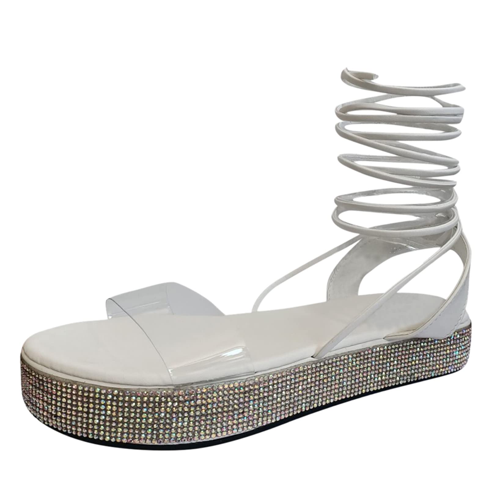 Rhinestone Strap Cross Women's Fashion Platform Sandals - Transparent PVC Heels for Wide Width | Comfortable Summer Wedding Party Shoes