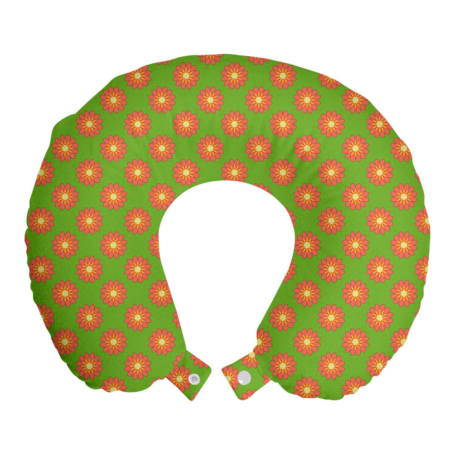 Ambesonne Floral Travel Pillow - Memory Foam Neck Rest for Airplane & Car - 90s Retro Daisy Pattern on Green Coral Backdrop - 12 Inch Travel Accessory - Perfect for Long Flights, Road Trips & Commuting