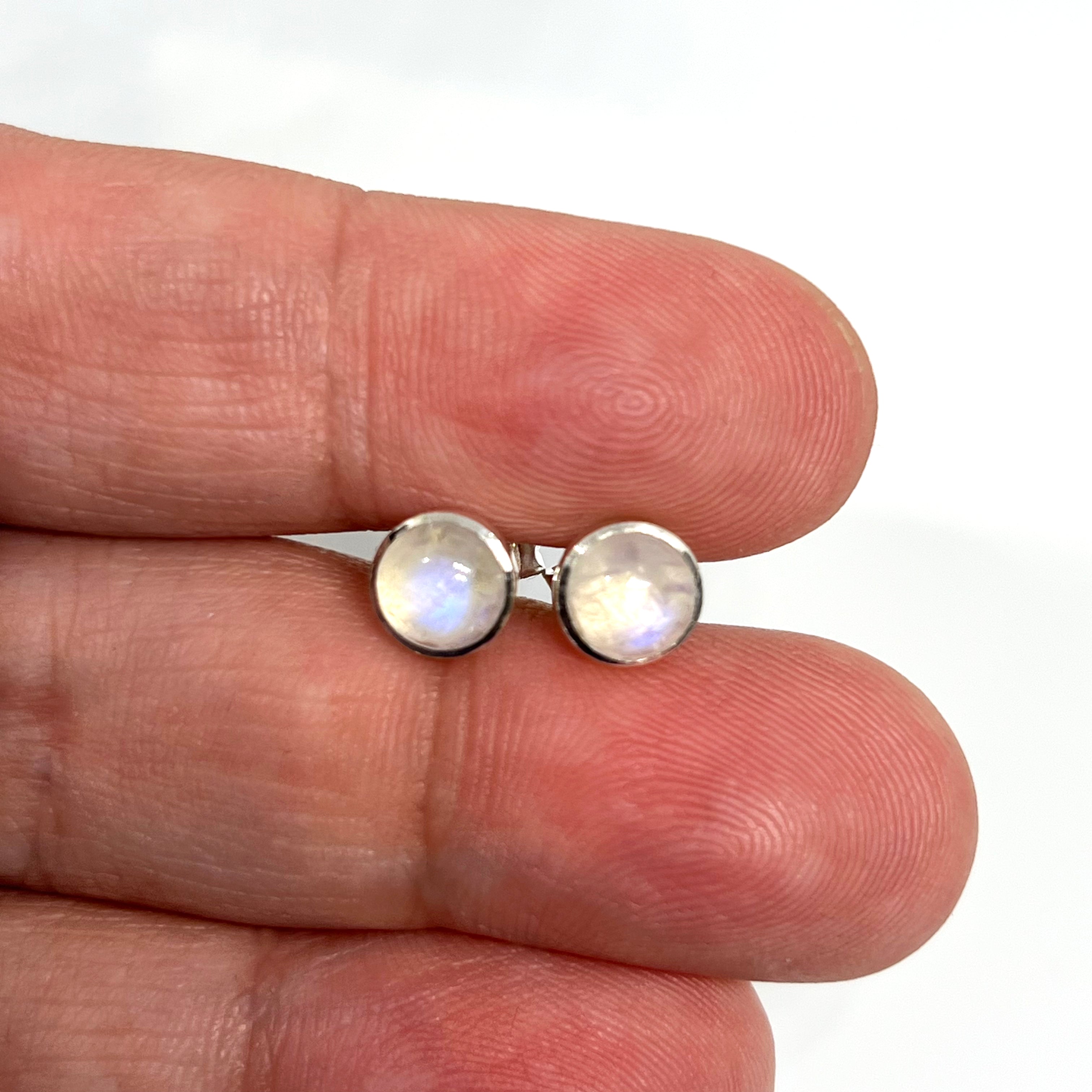 5.5mm Moonstone Stud Earrings - High Grade Round Cabochon Bezel Set Jewelry (PSE021) - Perfect for Weddings, Parties & Everyday Wear
