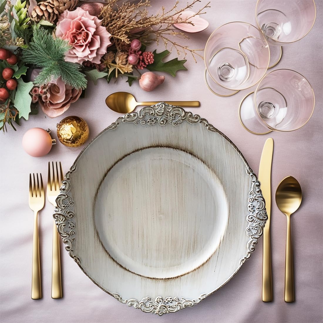 Antique White 13 Inch Embossed Plastic Charger Plates - Set of 6 Elegant Dinner Plate Chargers for Weddings, Parties & Table Decor | Perfect for Formal Dining, Holiday Entertaining & Special Occasions