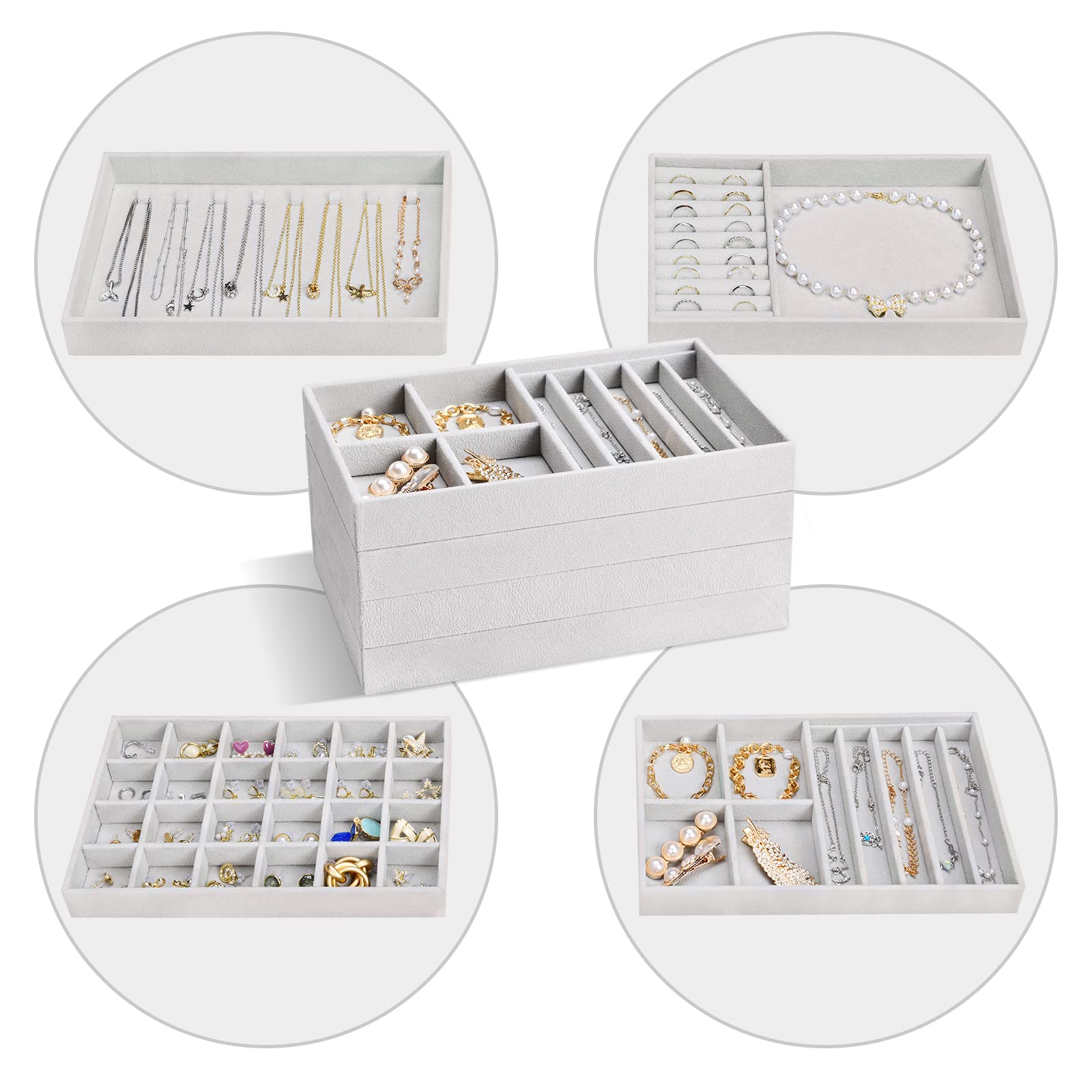 ProCase 4-Layer Stackable Jewelry Organizer Trays for Drawers - Grey | Jewelry Storage Box with Removable Dividers for Earrings, Necklaces, Rings & Bracelets | Perfect for Bedroom, Closet & Travel Organization