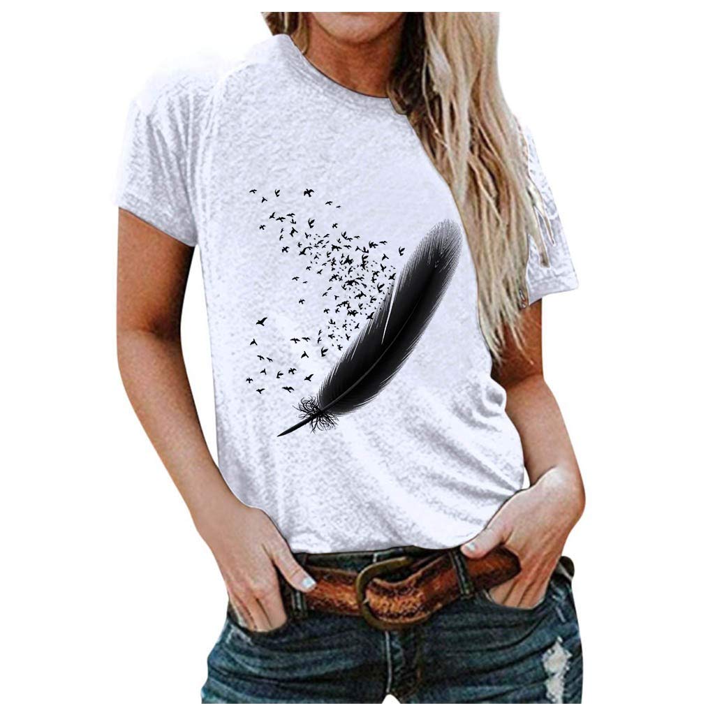 IKDXUF Women's Graphic Feather Printed Short Sleeve T-Shirt - Casual Summer Loose Fit Solid Color Blouse - Perfect for Beach Outings, Weekend Wear & Everyday Comfort (White)