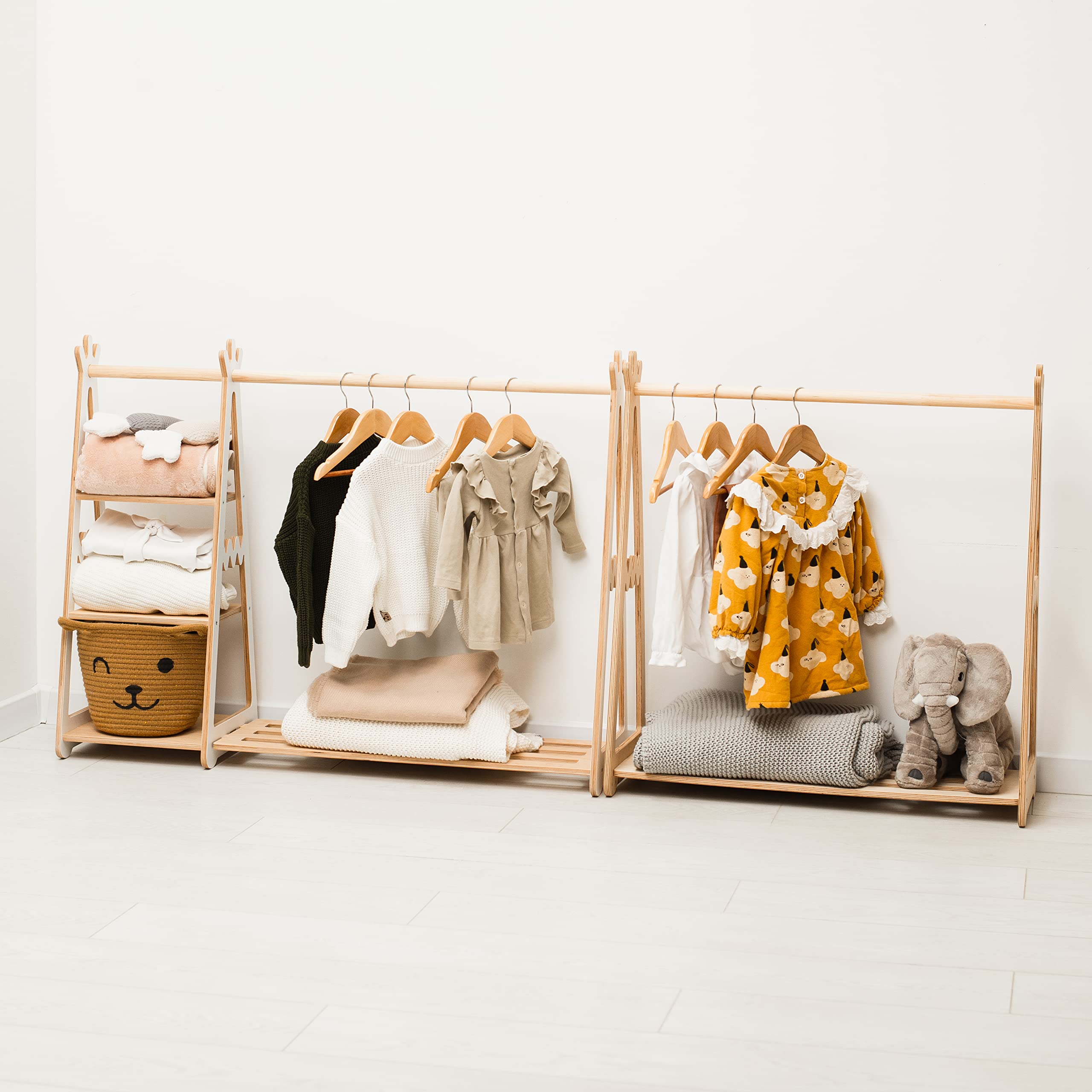 Montessori Teepee Style Kids Clothing Rack - Natural Wood Toddler Clothes Shelf with Shelves for Playroom & Nursery Storage - Perfect Gift for 2nd & 3rd Birthday (Pink) | Organize Baby Clothes, Toys & Neutral Room Decor