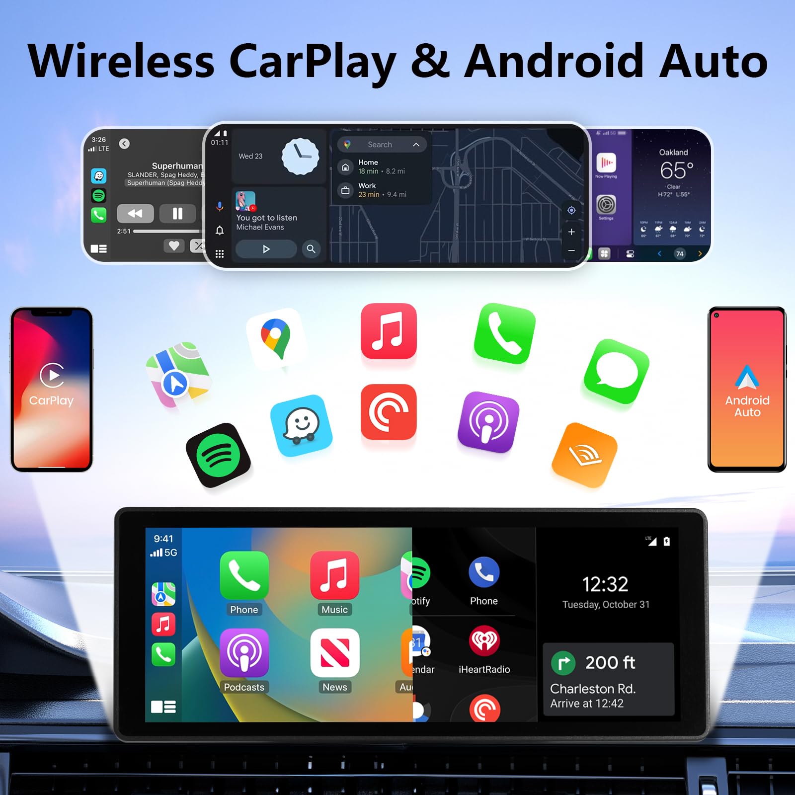 10.26 Inch Wireless Apple CarPlay & Android Auto Touch Screen Car Stereo - Portable GPS Navigation with Backup Camera, Bluetooth, Mirror Link & TF Card Support - Perfect for Road Trips, Commuting & Hands-Free Driving