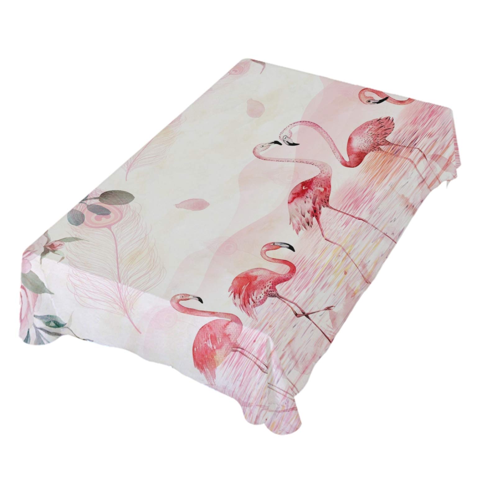 Pink Flamingo & Peacock Feather Party Tablecloth - 60 Inch Rectangle Polyester Table Cover for Dining Decor, Wedding, Birthday & Holiday Celebrations