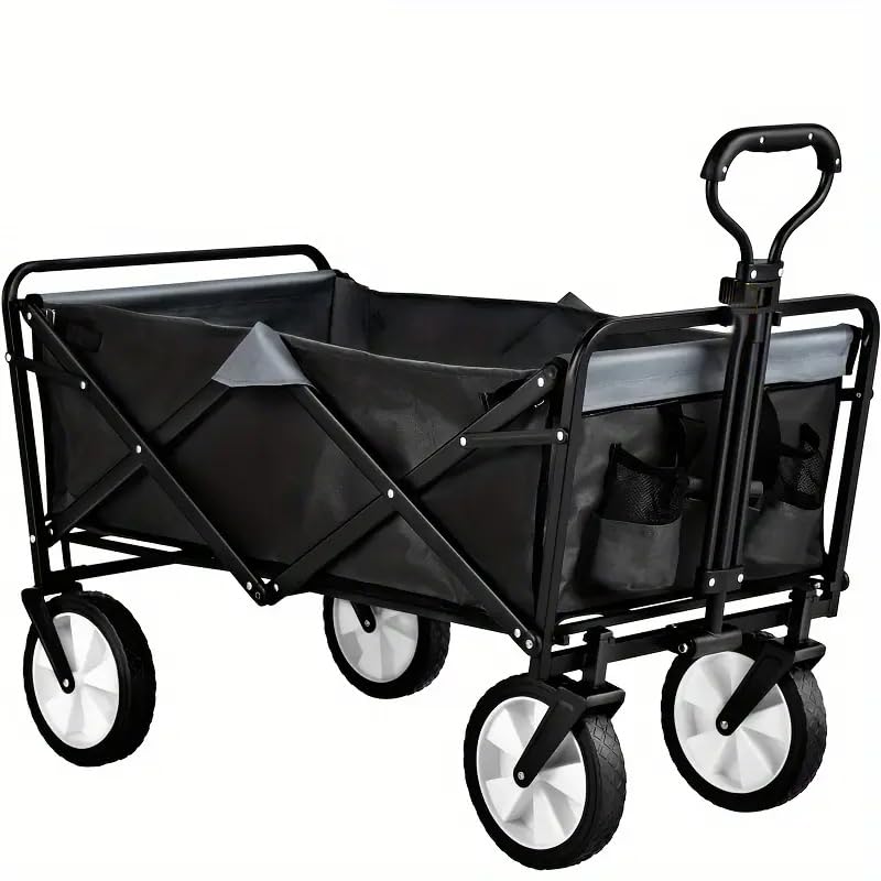 Foldable Utility Wagon Cart with Adjustable Handle - Heavy Duty Collapsible Grocery Cart on Wheels for Sports, Camping, Beach, Outdoor & Garden Use - Perfect for Shopping, Picnics, Tailgating and Family Outings (Black)