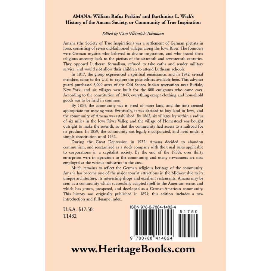 Amana Society History Book: William Rufus Perkins & Barthinius L. Wick's True Inspiration Community Chronicle | Historical Research, Religious Studies & American Communal Living Reference