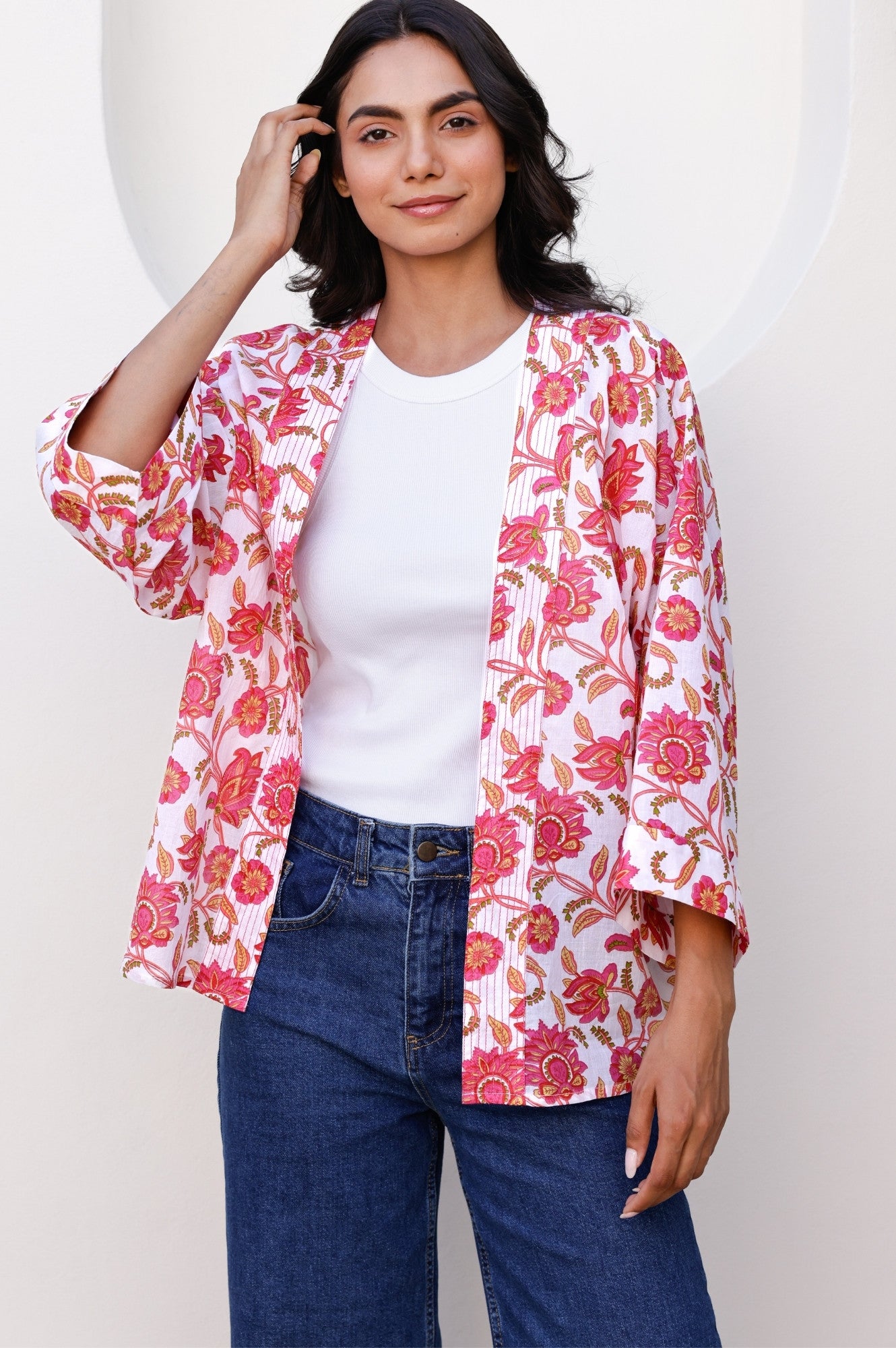Floral Printed Kimono Jacket for Women - Lightweight Pink Boho Cover Up - Perfect for Beach, Summer, and Festival Outfits