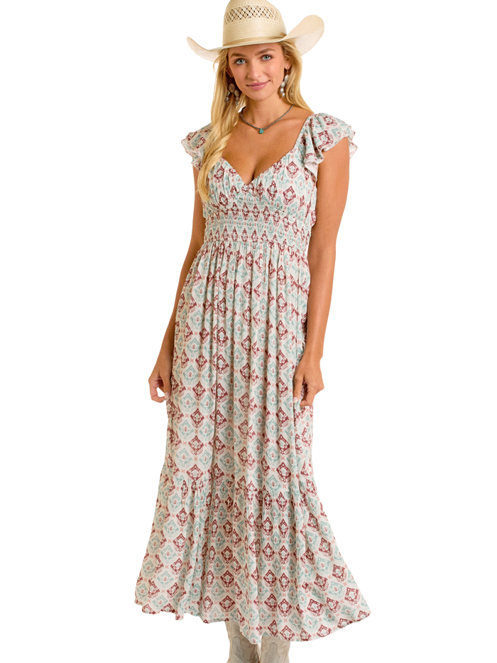 Rock & Roll Denim Women's Printed Maxi Dress - BWD0R06285 in Natural | Boho Chic Summer Dress for Beach, Music Festivals & Casual Outings