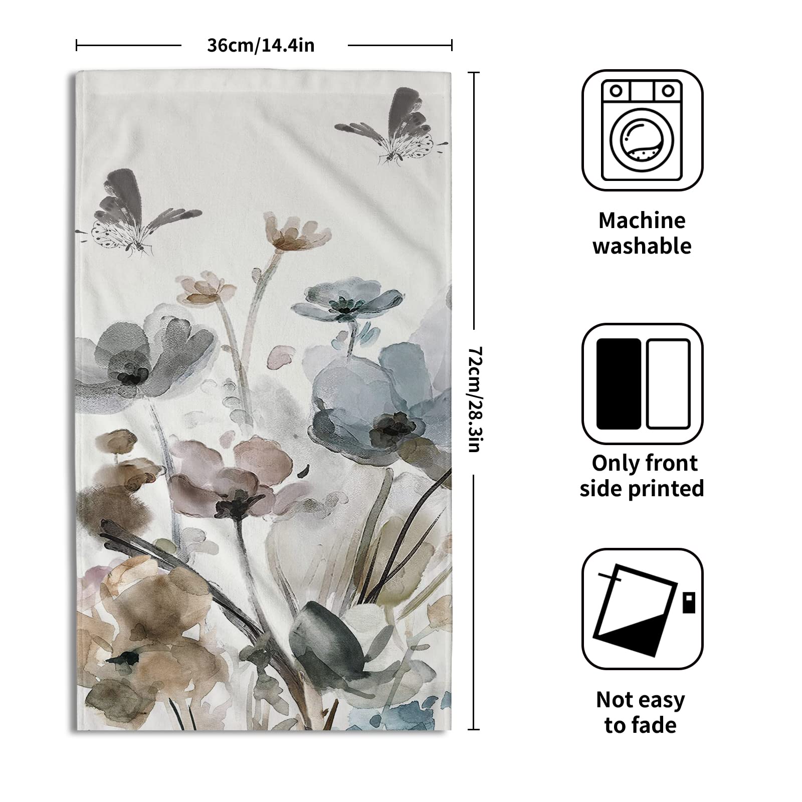 Boho Floral Hand Towels Set of 2 - Soft Grey Botanical Guest Face Towels for Bathroom Decor & Kitchen Dish Drying | Perfect for Spa, Guest Bath, and Tea Time