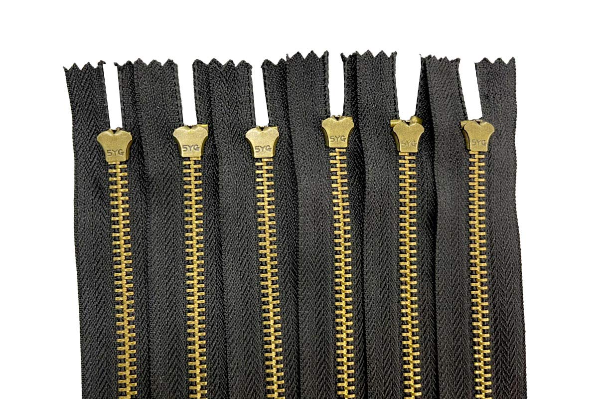 AMORNPHAN 6-Pack Heavy Duty 5 Inch Metal Zippers - #5 Black Tape with Antique Brass Teeth & Spring Lock Slider for Jeans, Denim Pockets, Clothing & Sewing Crafts (5
