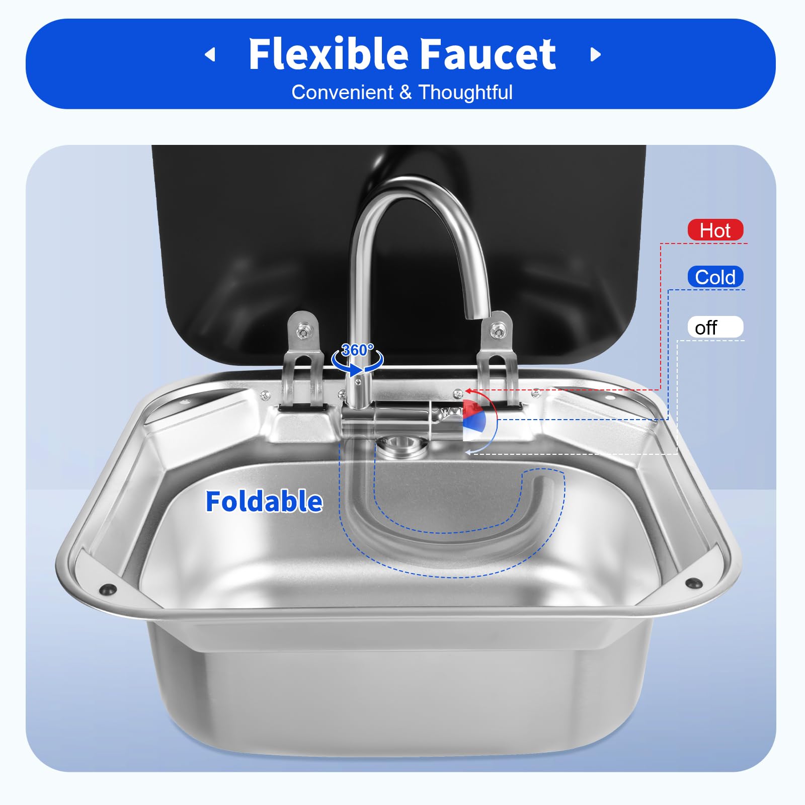 17 Inch Stainless Steel RV Kitchen Sink with Folded Faucet & Glass Lid - Drop-in Hand Wash Basin for Caravan, Trailer, Van & Camper | Perfect for Compact Spaces & Outdoor Cooking