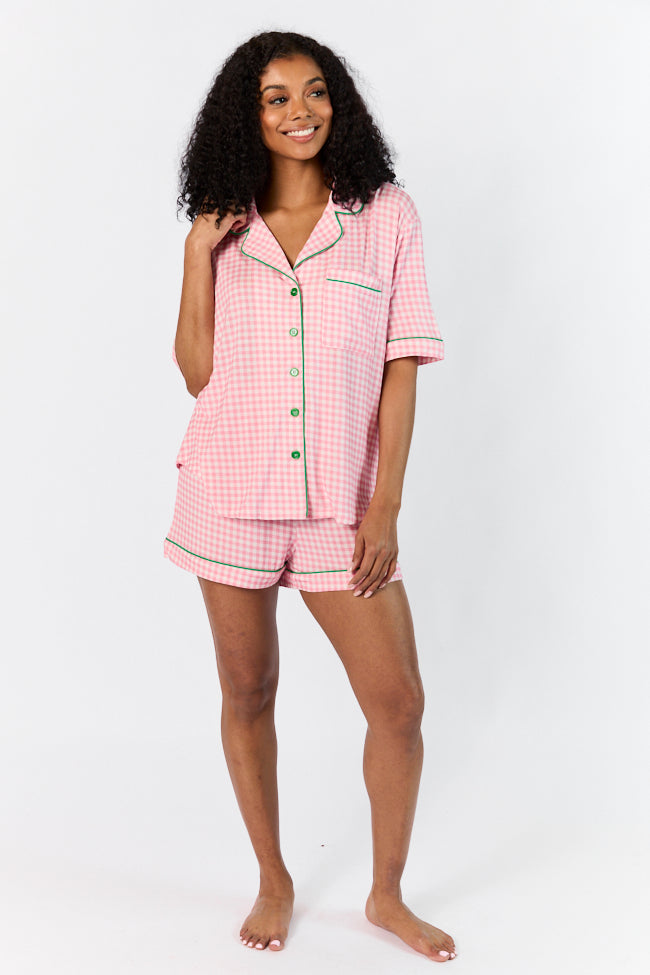 Pink Gingham Short Sleeve Pajama Top for Women - Soft & Comfortable Sleepwear - Perfect for Summer Nights, Loungewear & Vacation Getaways