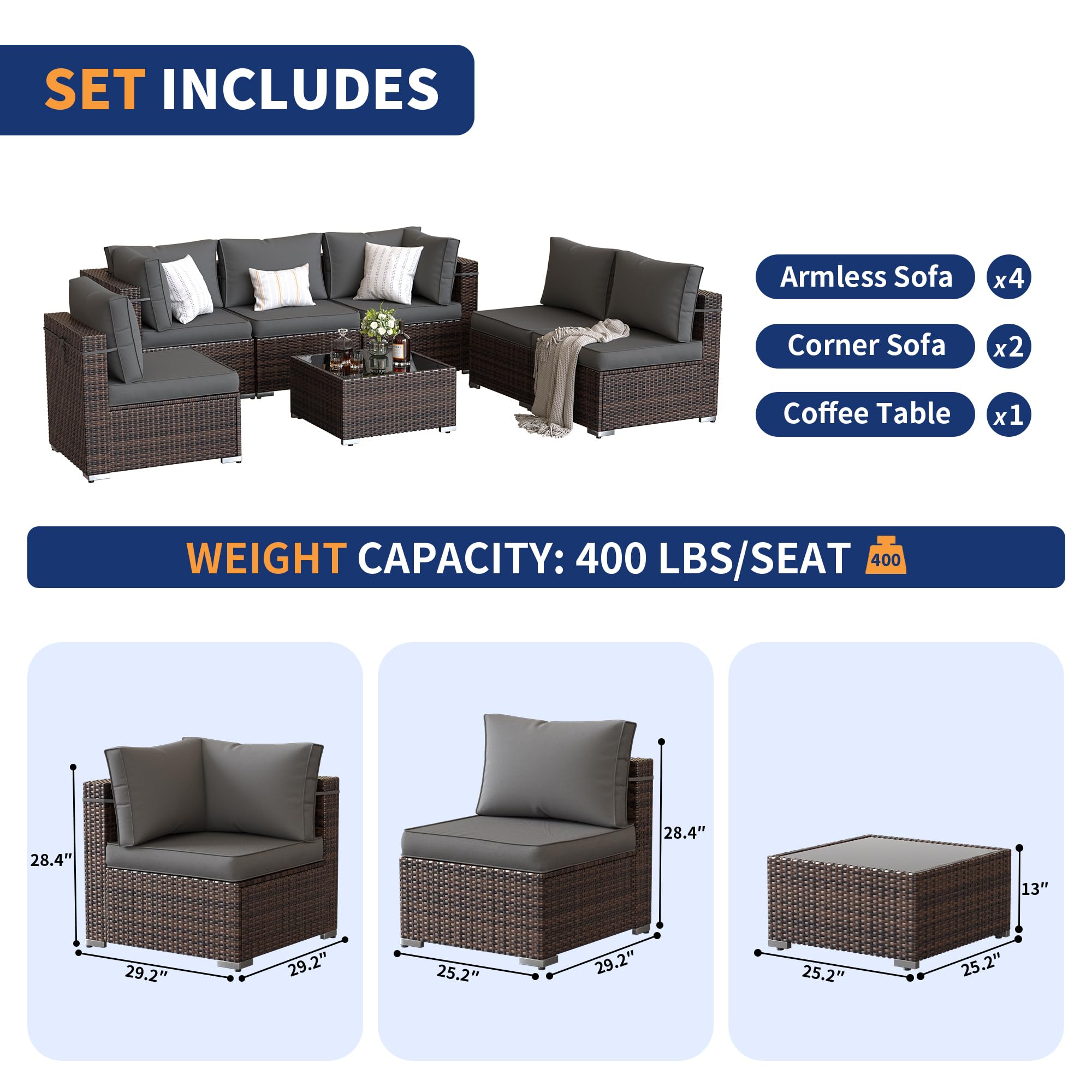 7-Piece Outdoor Patio Furniture Set with Waterproof Cover - All-Weather Wicker Sectional Sofa with Brown Frame & Gray Cushions - Perfect for Backyard, Garden, Poolside or Deck Relaxation