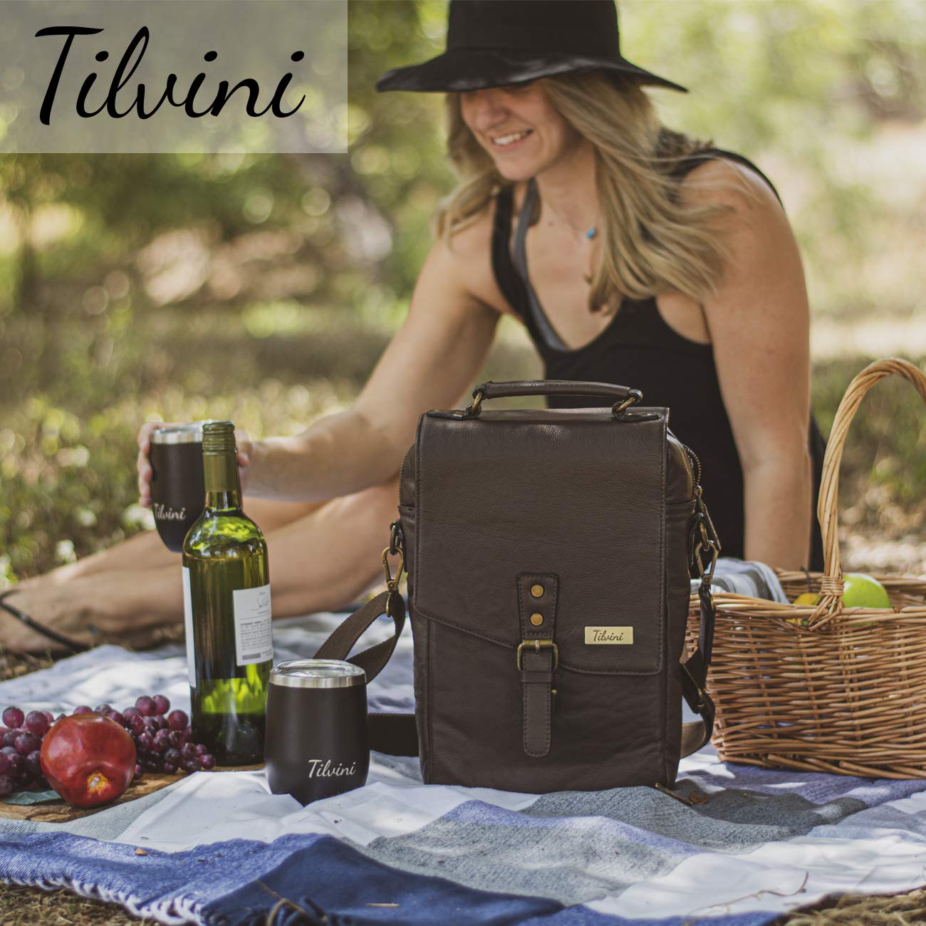 Premium Insulated Leather Wine Tote Bag with 2 Stainless Steel Wine Tumblers - Brown - Perfect for Picnics, Parties & Travel Gifts