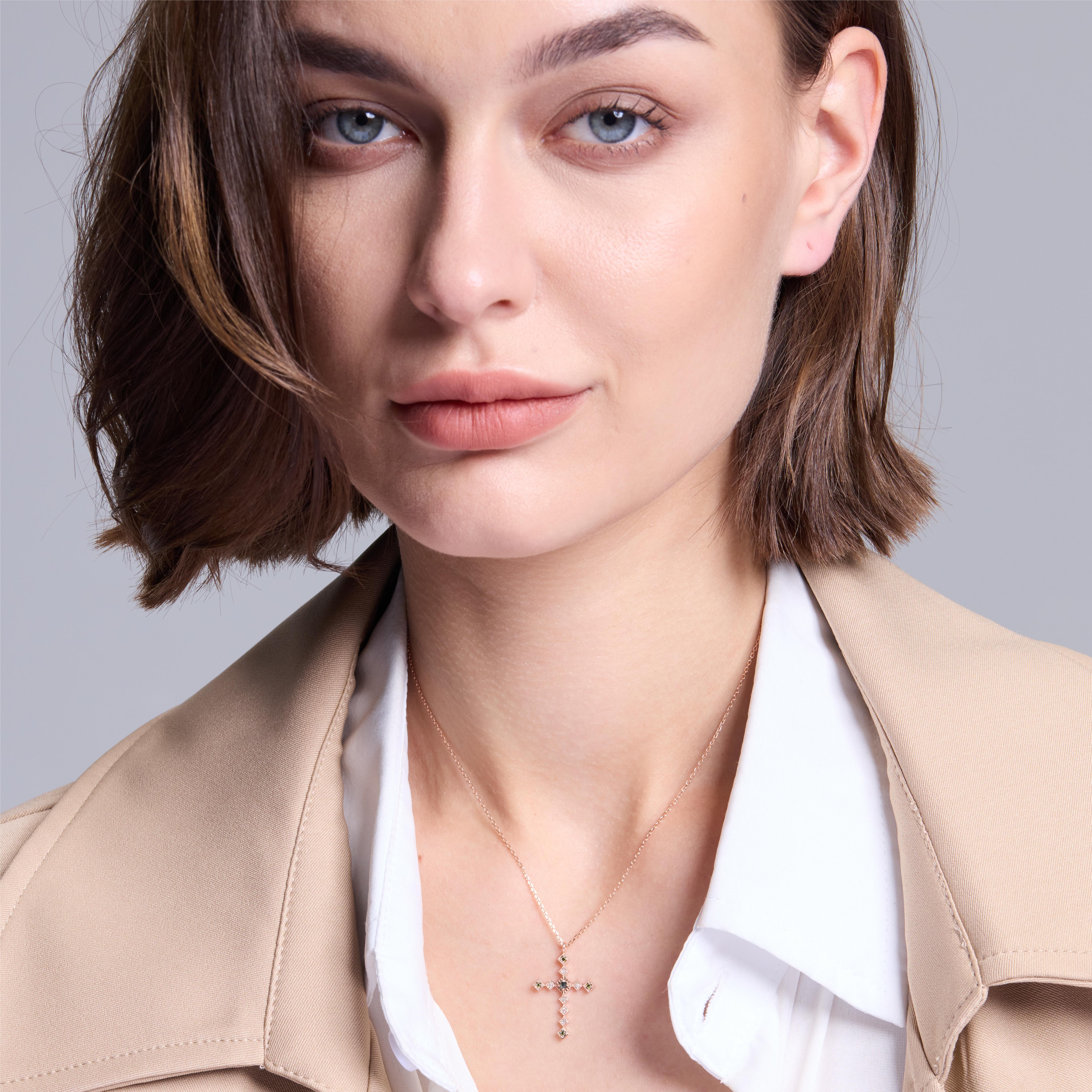 Rose Gold Diamond Cross Pendant Necklace for Women - 14K Gold Plated Religious Jewelry Gift for Baptism, Confirmation, Christmas & Everyday Wear